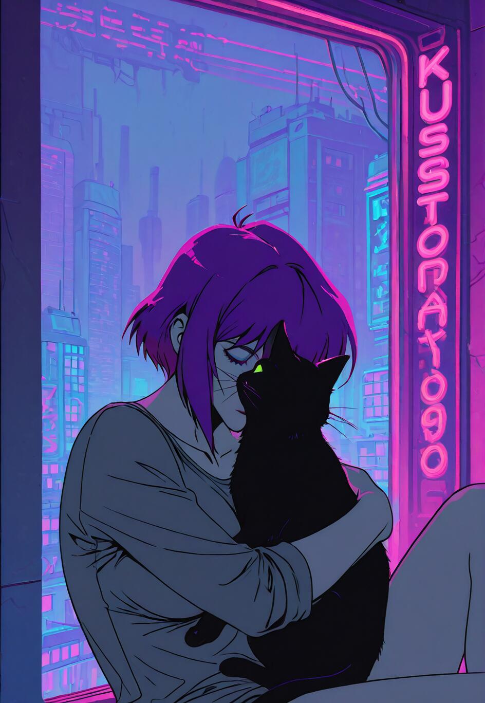 Un’illustrazione in stile anime che raffigura Motoko Kusanagi di Ghost in the Shell, con i capelli corti di colore viola, seduta vicino a una finestra e che abbraccia con affetto un gatto nero. All’esterno, un paesaggio urbano futuristico è illuminato da vivaci luci al neon viola e rosa.