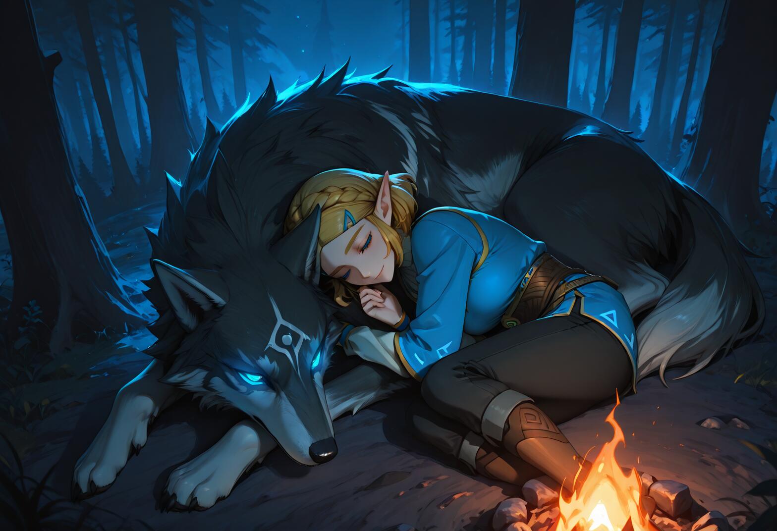 La principessa Zelda, con la sua tunica blu, dorme serenamente appoggiata al grande Wolf Link, dal pelo scuro, accanto a un fuoco da campo in una foresta di notte. Wolf Link è sveglio, con gli occhi che brillano di un intenso colore blu, e veglia su di lei.