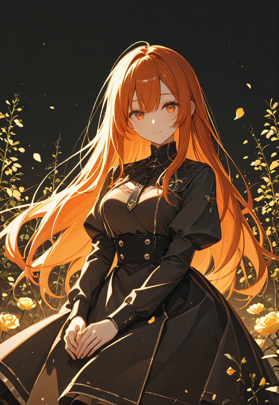 Un’illustrazione in stile anime di Ritsuka Fujimaru (Gudako) tratta da Fate/Grand Order: una giovane donna con lunghi capelli arancioni luminosi e occhi color ambra, che indossa un elegante abito nero in un giardino buio pieno di rose dorate.
