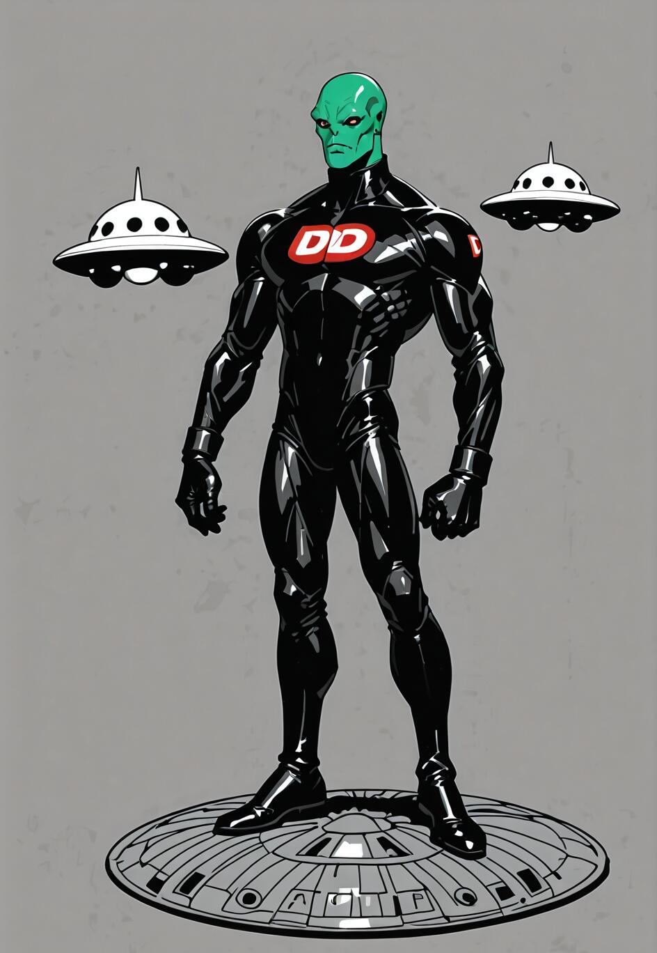 Illustrazione a figura intera di un alieno muscoloso con la pelle verde, che indossa un elegante abito nero con un logo rosso a forma di «DD», in piedi su un UFO, con due UFO più piccoli sullo sfondo.