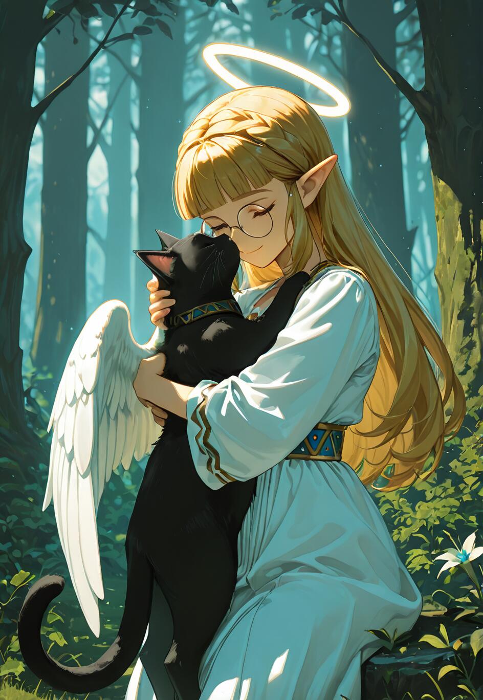 Un’illustrazione in stile anime che raffigura la principessa Zelda, con lunghi capelli biondi, orecchie a punta, un’aureola e un’ala angelica, seduta in una foresta e che abbraccia con affetto un gatto nero.