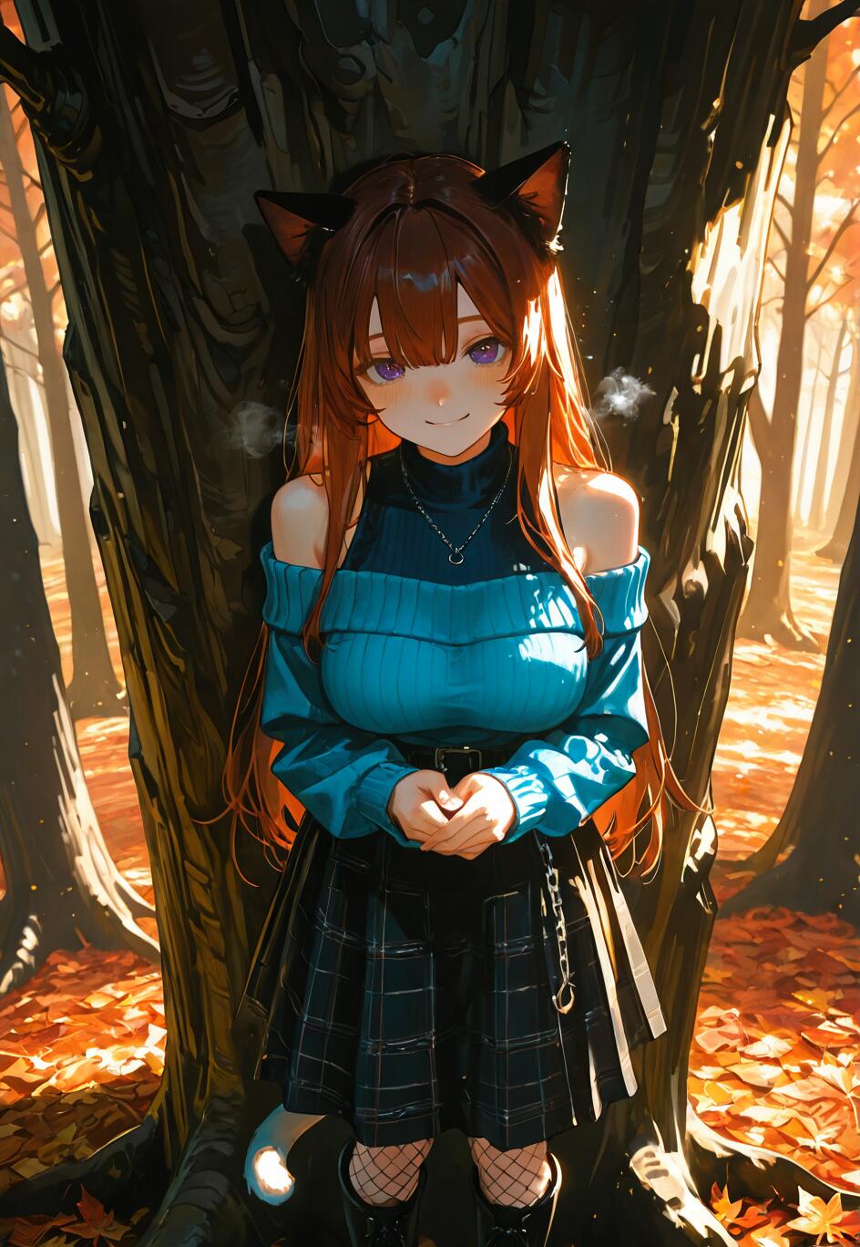 Un’illustrazione a figura intera di una ragazza-gatto in stile anime, con lunghi capelli castani e occhi viola, che indossa un maglione blu a spalle scoperte e una gonna a quadri, e si trova in una foresta autunnale di fronte a un grande albero.