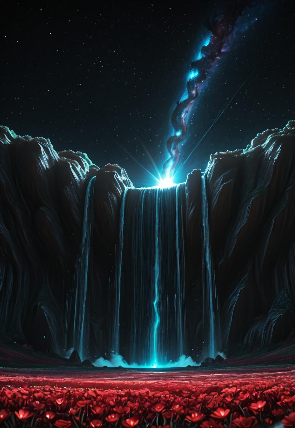Una scena fantastica e surreale che raffigura una cascata blu luminosa che sgorga da una galassia vorticosa in un cielo notturno stellato. La cascata è incorniciata da scogliere scure e si riversa in un vasto campo di fiori rosso vivo.
