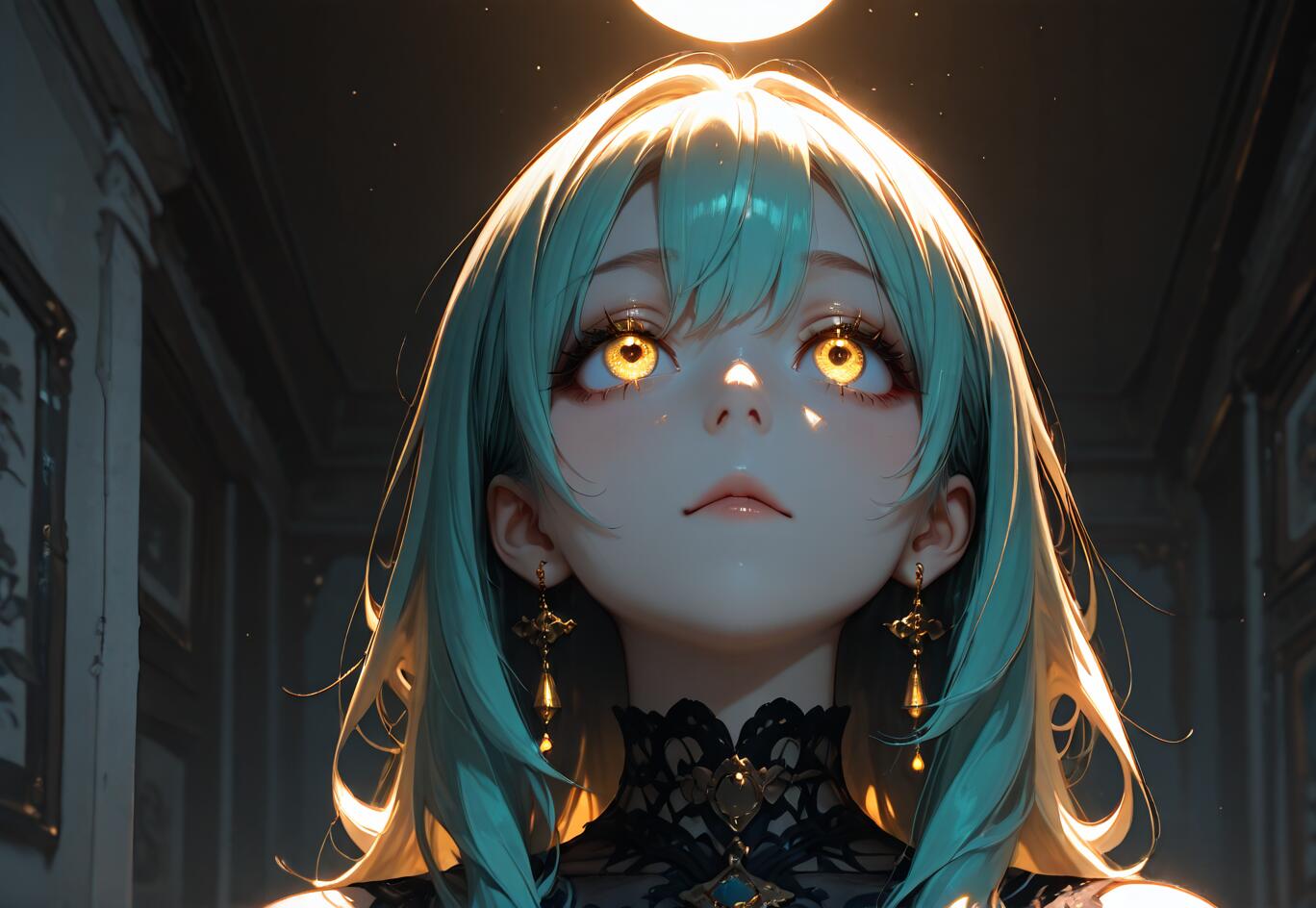 Un ritratto ravvicinato di una ragazza in stile anime, con capelli color verde acqua e occhi dorati luminosi, che guarda verso una luce intensa in una stanza buia. Indossa una collana di pizzo nera e orecchini a forma di croce elaborata.