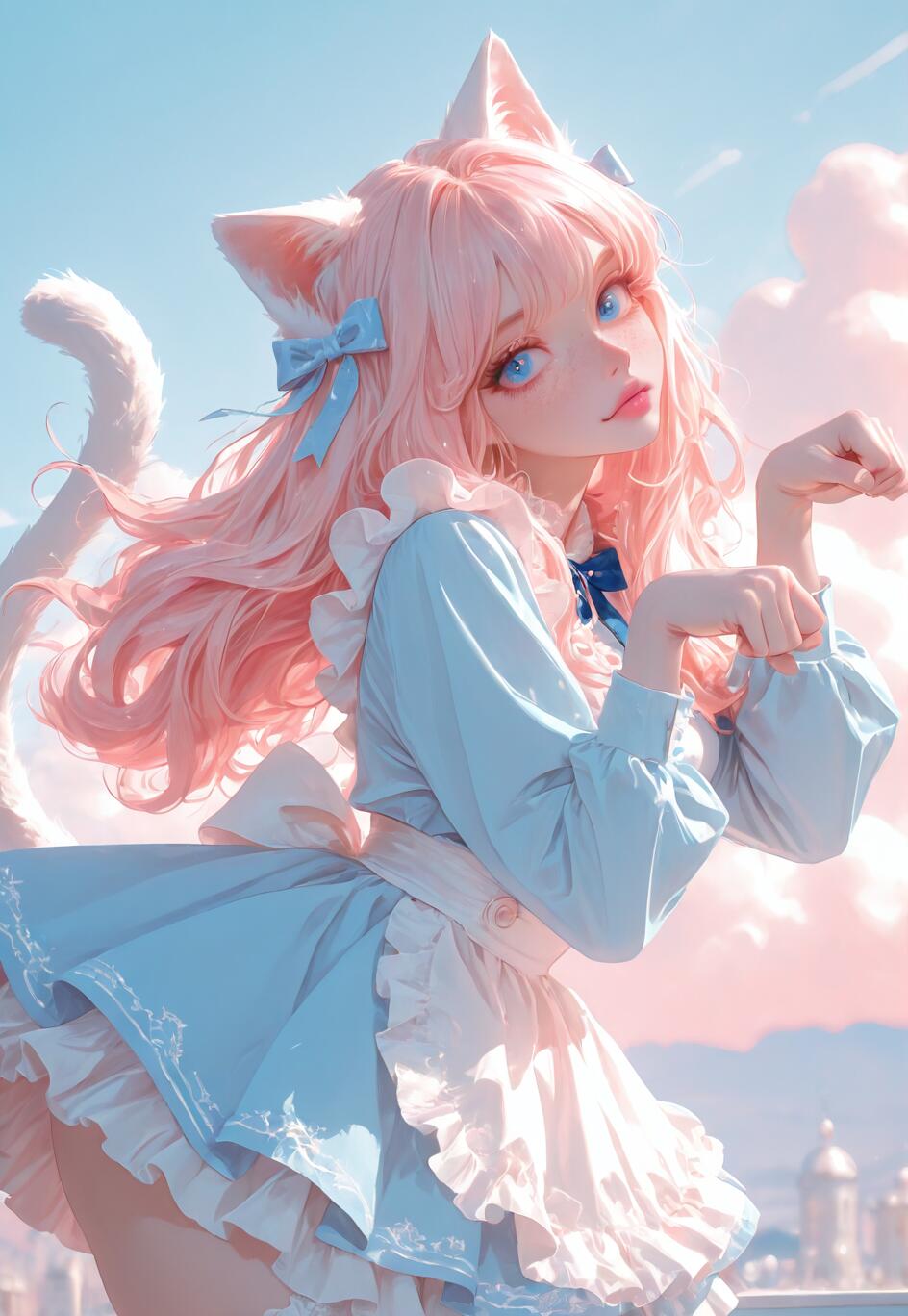 Una ragazza anime con lunghi capelli rosa, occhi azzurri e orecchie e coda da gatto bianche, indossa un abito azzurro chiaro e un grembiule bianco, e fa un buffo gesto con le mani a forma di zampa di gatto, sullo sfondo di un cielo dai toni pastello, tra l’azzurro e il rosa.