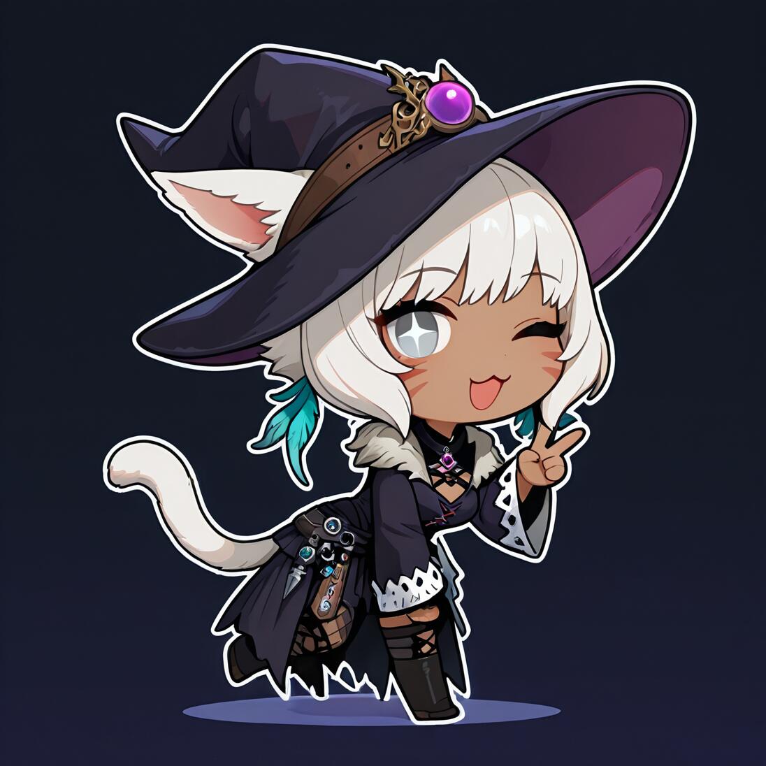 Un simpatico disegno in stile chibi di Y'shtola Rhul, tratta da Final Fantasy XIV: una ragazza-gatto dalla pelle scura e con i capelli bianchi, vestita da strega. Sta strizzando l’occhio e facendo il segno della pace.