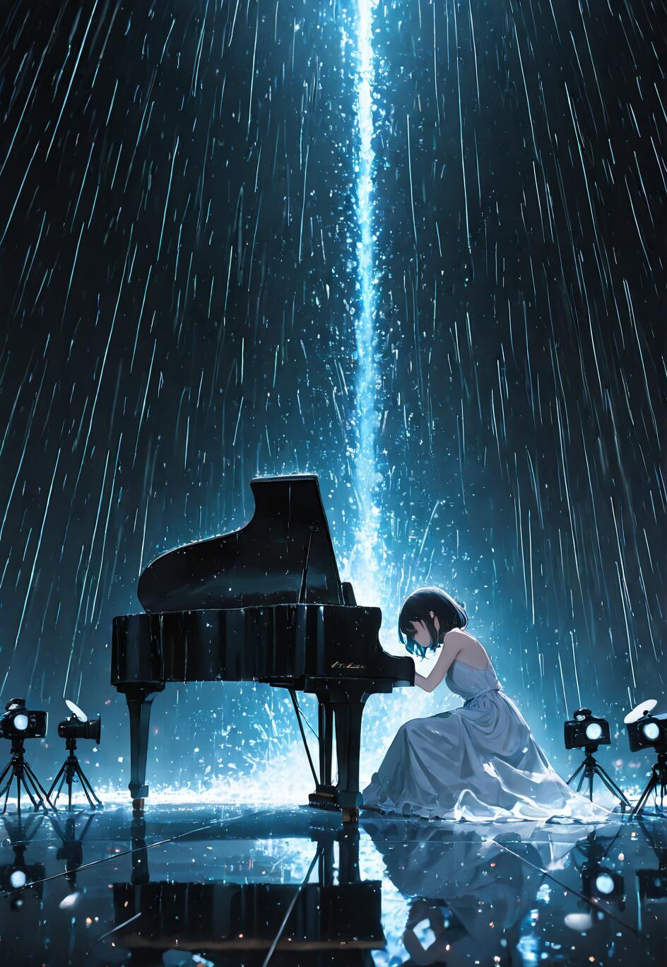 Un’illustrazione in stile anime che raffigura una giovane donna, vestita con un elegante abito, mentre suona un pianoforte a coda su un palco bagnato e riflettente. Sta piovendo a dirotto e un unico, potente fascio di luce blu illumina la scena dall’alto.