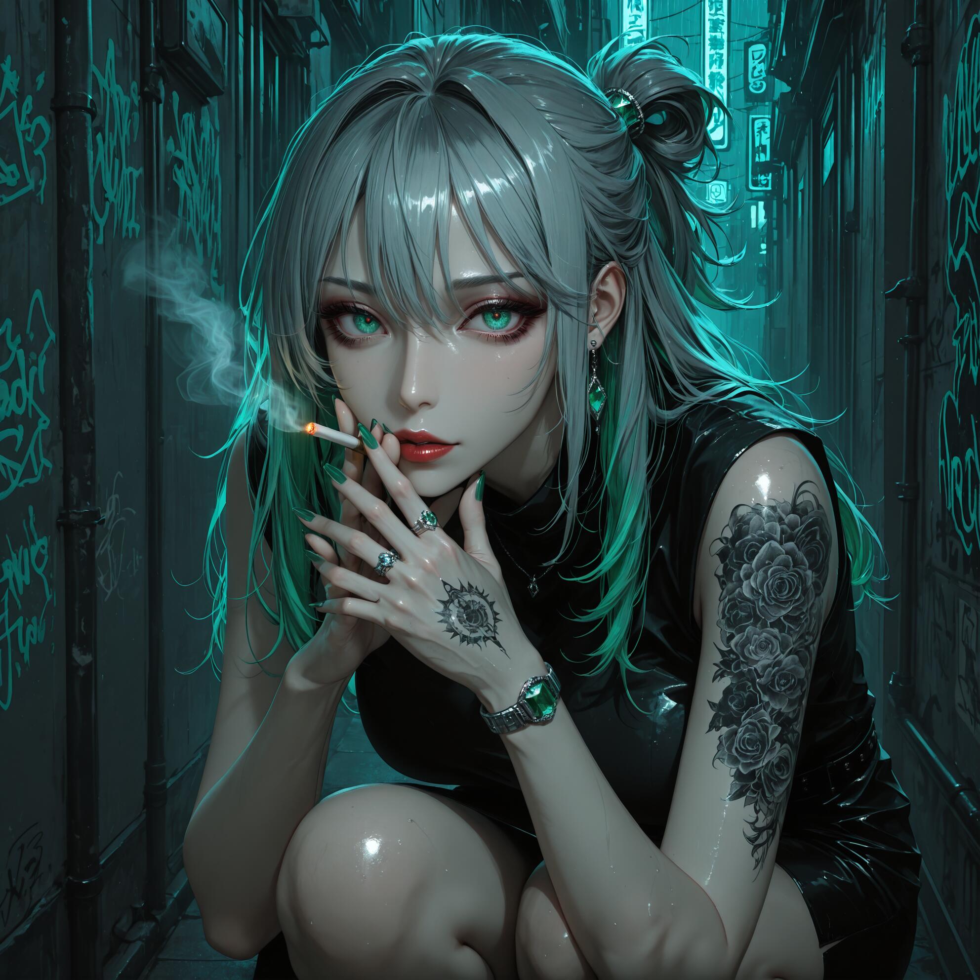 Un’illustrazione in stile anime che raffigura una giovane donna con i capelli grigi, alcune ciocche verdi e occhi di un verde brillante, inginocchiata in un vicolo buio illuminato da luci al neon, mentre fuma una sigaretta e guarda direttamente l’obiettivo. Ha un grande tatuaggio a forma di rosa sul braccio.