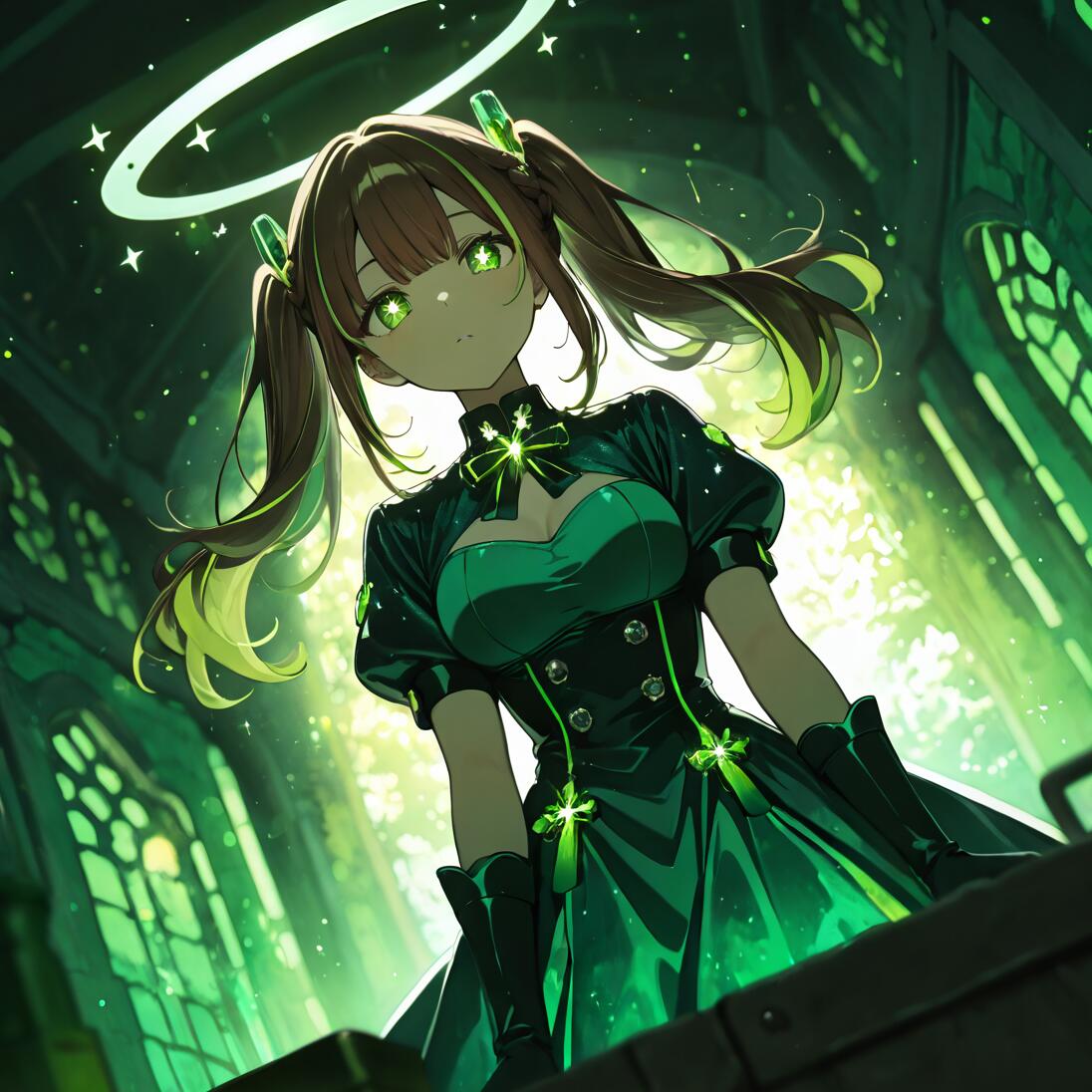 Una ragazza anime con due codini, uno marrone e uno verde, occhi verdi a forma di stella che brillano e un alone bianco, indossa un elegante abito verde e nero all’interno di un’ampia sala che ricorda una cattedrale, illuminata da una luce verde eterea.