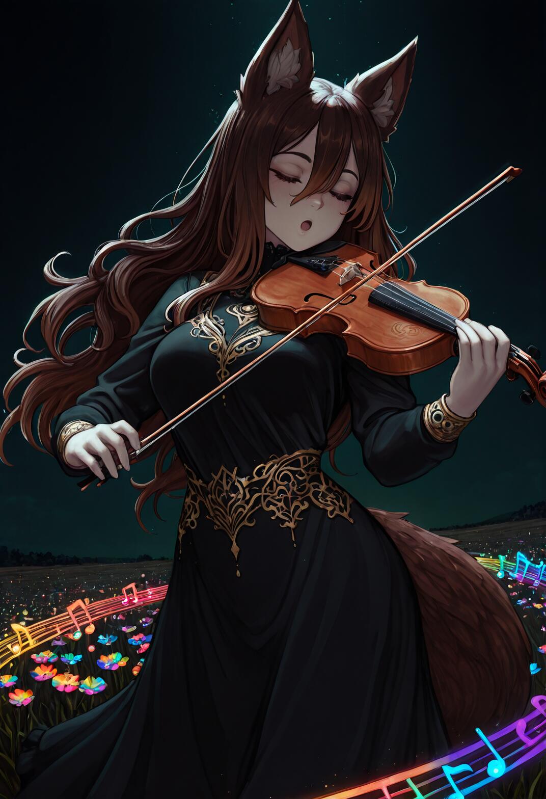 Una ragazza-volpe in stile anime, con lunghi capelli castani, orecchie e una coda, indossa un elegante abito nero e dorato e suona il violino in un campo di fiori colorati, di notte. Un magico spartito musicale a forma di arcobaleno luminoso le ruota attorno.