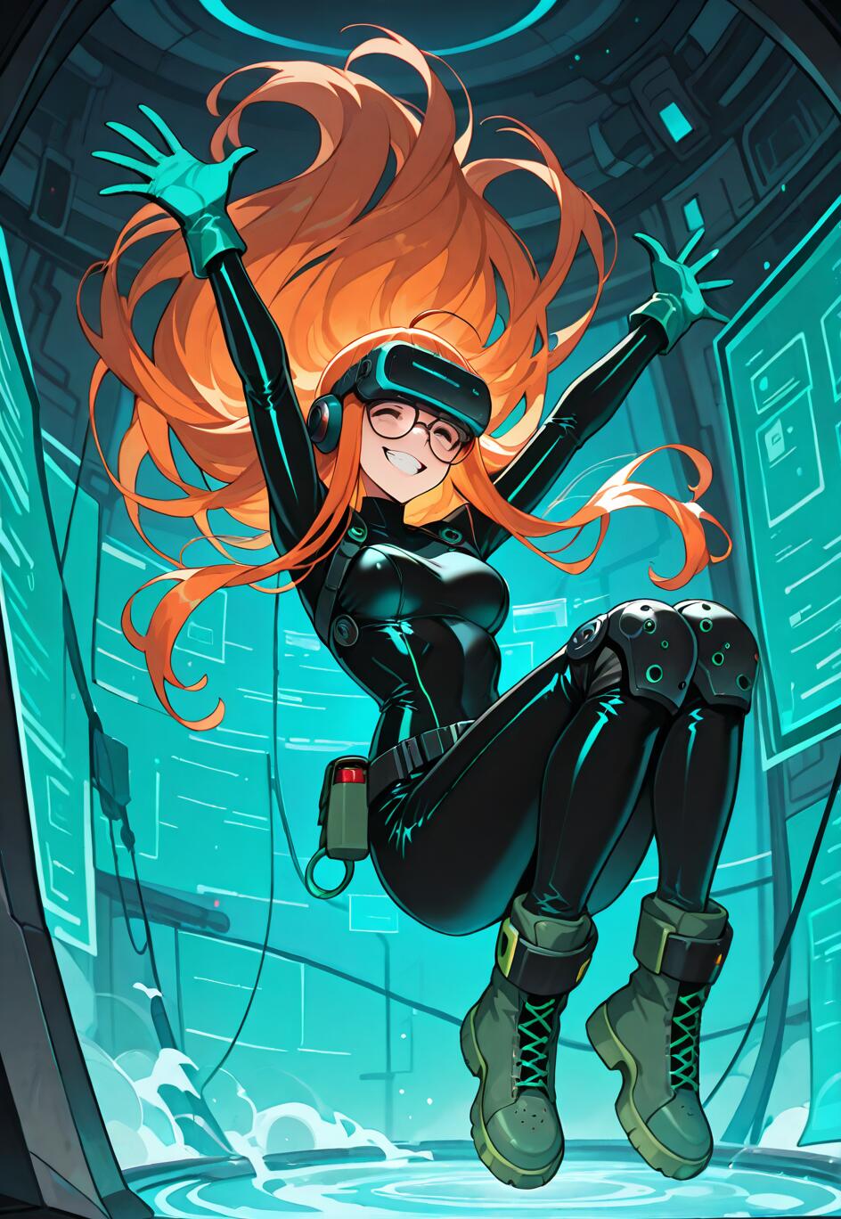 Un’illustrazione in stile anime di Futaba Sakura, personaggio di Persona 5, che fluttua in un contesto fantascientifico. Ha lunghi capelli arancioni, indossa gli occhiali e ha un ampio sorriso. È vestita con la sua tuta nera da Oracle, con un visore per la realtà virtuale, guanti verdi e stivali, e ha le braccia sollevate in aria.