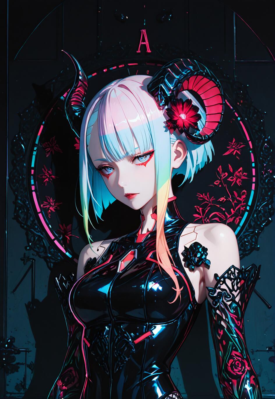Un’illustrazione in stile anime che raffigura una donna simile a Lucy, tratta da Cyberpunk: Edgerunners, con capelli color arcobaleno in tonalità pastello, grandi corna nere a forma di montone e un fiore rosso. Indossa un abito cyberpunk nero e lucido, su uno sfondo scuro, con una cornice circolare al neon rosa e blu.