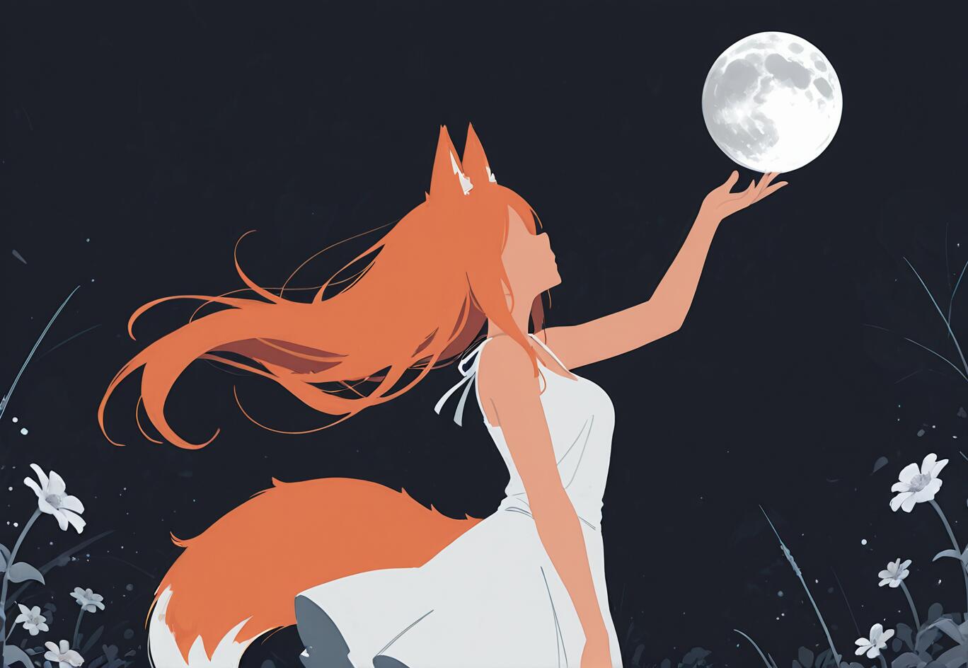 Un’illustrazione di Holo, personaggio della serie «Spice and Wolf», una ragazza con orecchie e coda da volpe di colore arancione e lunghi capelli arancioni, che indossa un abito bianco. È in piedi in un campo di fiori di notte, con le braccia tese verso la luna piena.
