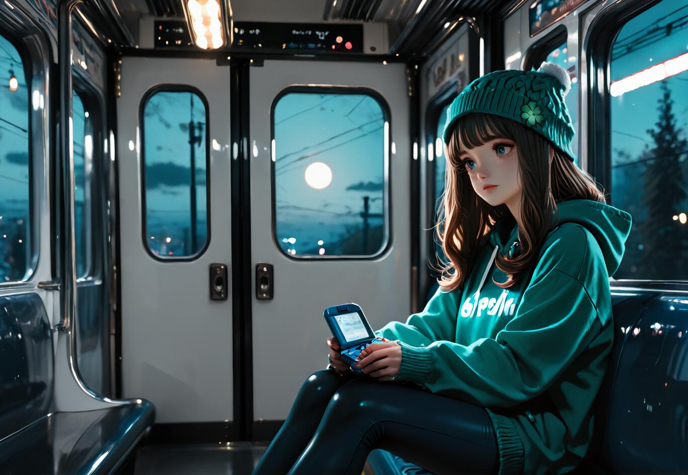 Un’immagine che raffigura una giovane donna con i capelli castani seduta all’interno di un treno di notte, indossa una felpa con cappuccio verde e un berretto, e sta giocando su un dispositivo portatile per videogiochi di colore blu. Fuori dal finestrino del treno si vede una luna piena.