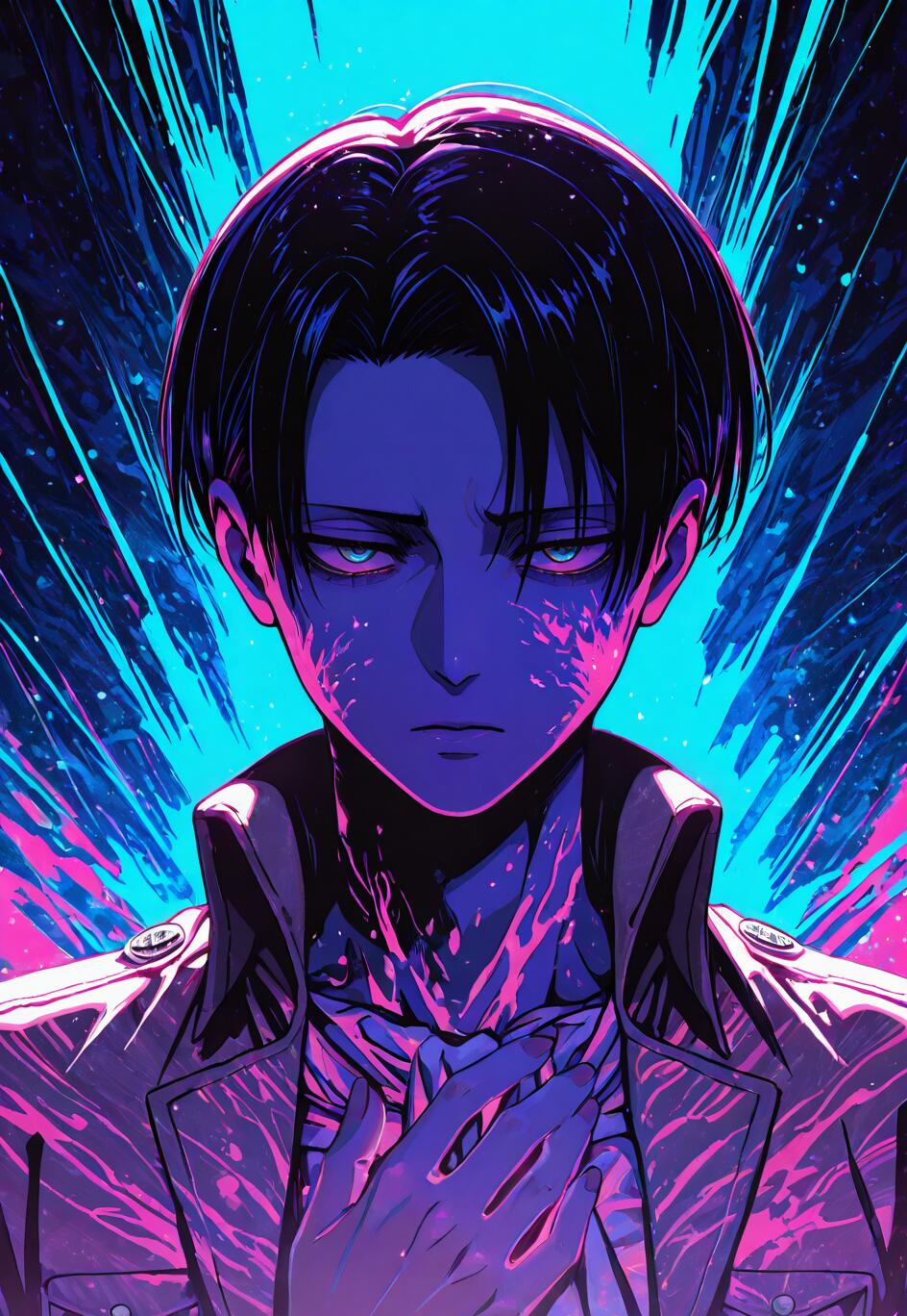 Un’illustrazione in stile anime di Levi Ackerman, personaggio della serie Attack on Titan, con una mano appoggiata sul petto. L’opera presenta una vivace tavolozza di colori al neon, con tonalità di blu, rosa e viola, e uno sfondo astratto e dinamico.