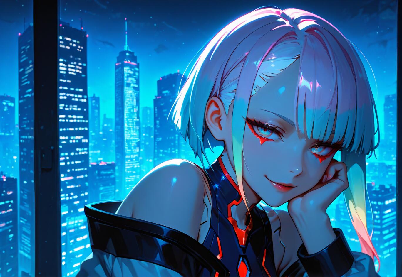 Un’illustrazione in stile anime di Lucy, tratta da Cyberpunk: Edgerunners: una giovane donna con i capelli corti, bianchi e con riflessi arcobaleno, che guarda lo spettatore con un sorriso sardonico. Si trova di fronte a una finestra che dà su un panorama urbano futuristico, illuminato dalla luce della notte.
