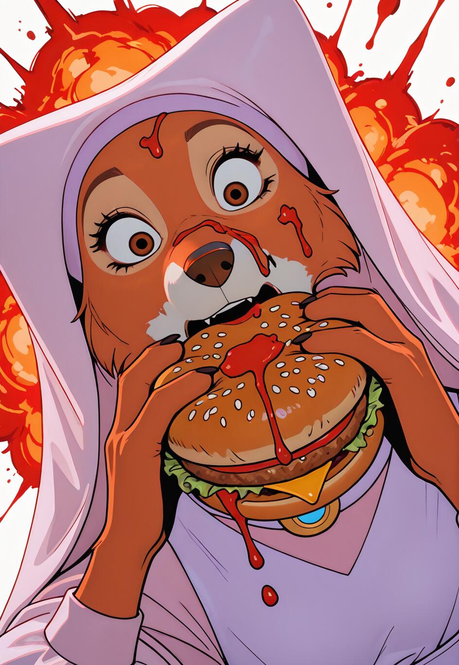 Un’illustrazione di Lady Marian, la volpe del film Robin Hood della Disney, raffigurata con un’espressione di sorpresa mentre addenta un enorme cheeseburger, sporcandosi. Ketchup è spalmato sul suo muso e cola dal panino, sullo sfondo di un’esplosione dai colori rosso e arancione.