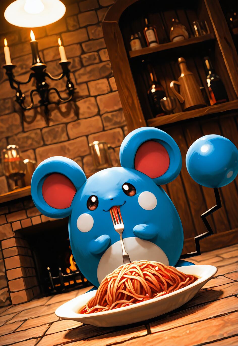 Il Pokémon Marill, una creatura rotonda di colore blu con grandi orecchie, è seduto a un tavolo di legno in una stanza rustica e sta mangiando con gusto un grande piatto di spaghetti, tenendo una forchetta in bocca. Sullo sfondo, si intravede un caldo camino e una mensola con delle bottiglie, creando un’atmosfera accogliente.