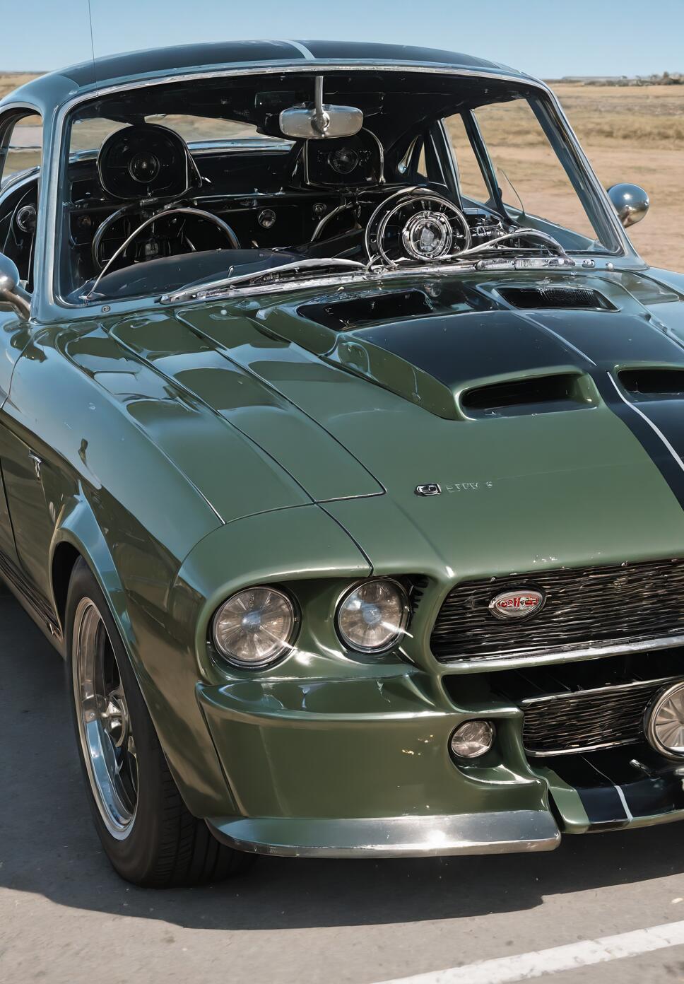 Vista frontale di una Ford Mustang d’epoca pesantemente modificata, di un intenso colore verde, con una griglia personalizzata e cinque fari tondi sul paraurti anteriore, parcheggiata all’aperto in una giornata di sole.