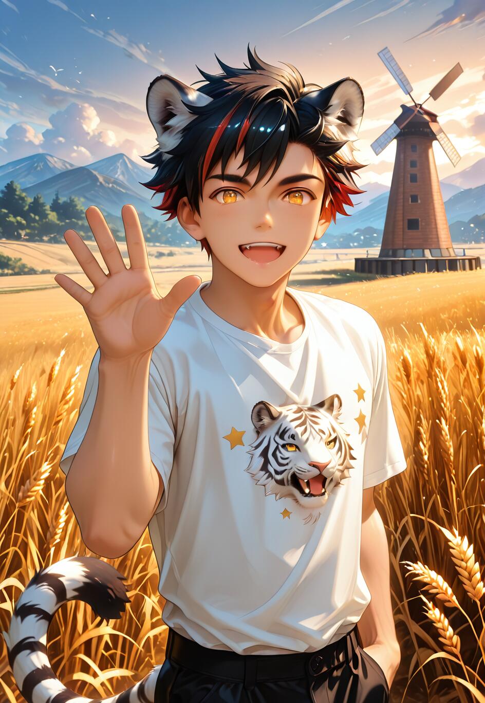 Un ragazzo anime con capelli neri e rossi, orecchie e coda da tigre, identificato come Nagumo Tetora di Ensemble Stars!!, sorride e saluta in un campo di grano dorato, con un mulino a vento sullo sfondo.