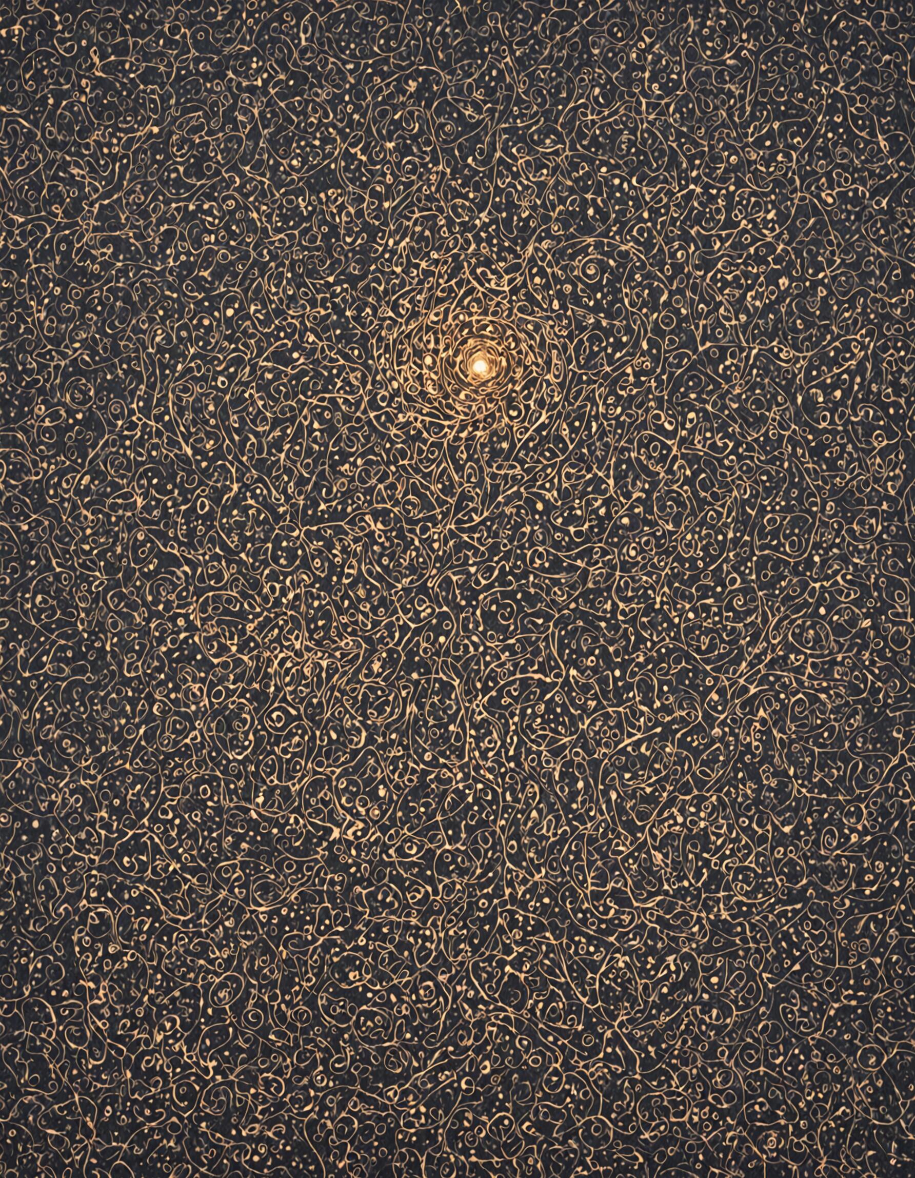 Un dipinto astratto con uno sfondo scuro, ricoperto da una fitta e complessa rete di linee e punti dorati che si intrecciano. Nella parte superiore centrale, una singola sfera luminosa e brillante funge da punto focale.