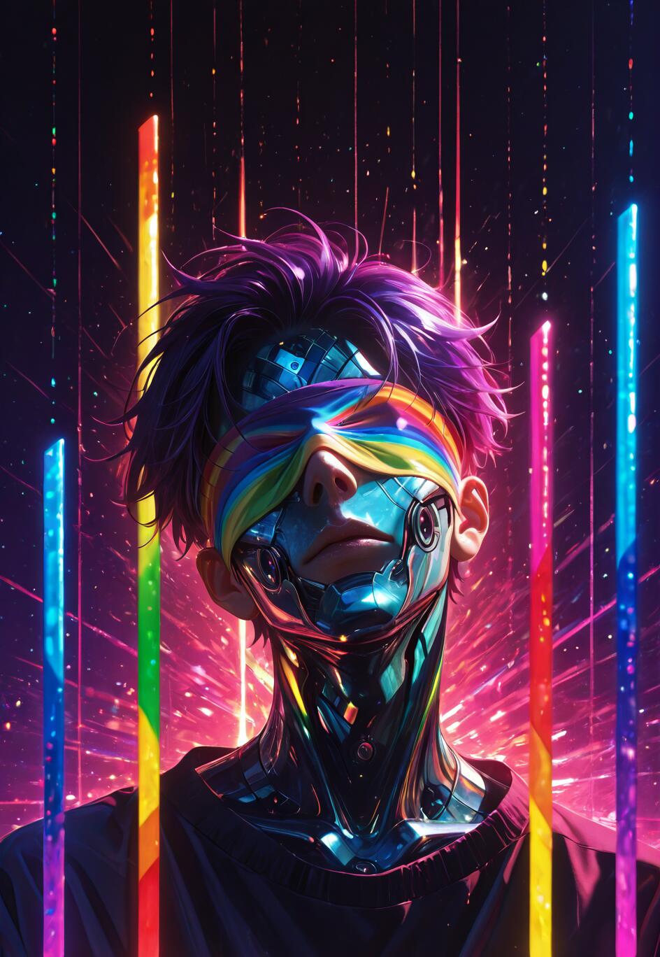 Un’illustrazione digitale che raffigura un giovane con i capelli viola e un volto e un collo cibernetici. Indossa una benda colorata a forma di arcobaleno. Lo sfondo è scuro ed è pieno di fasci di luce al neon verticali, a forma di arcobaleno, e di puntini luminosi.