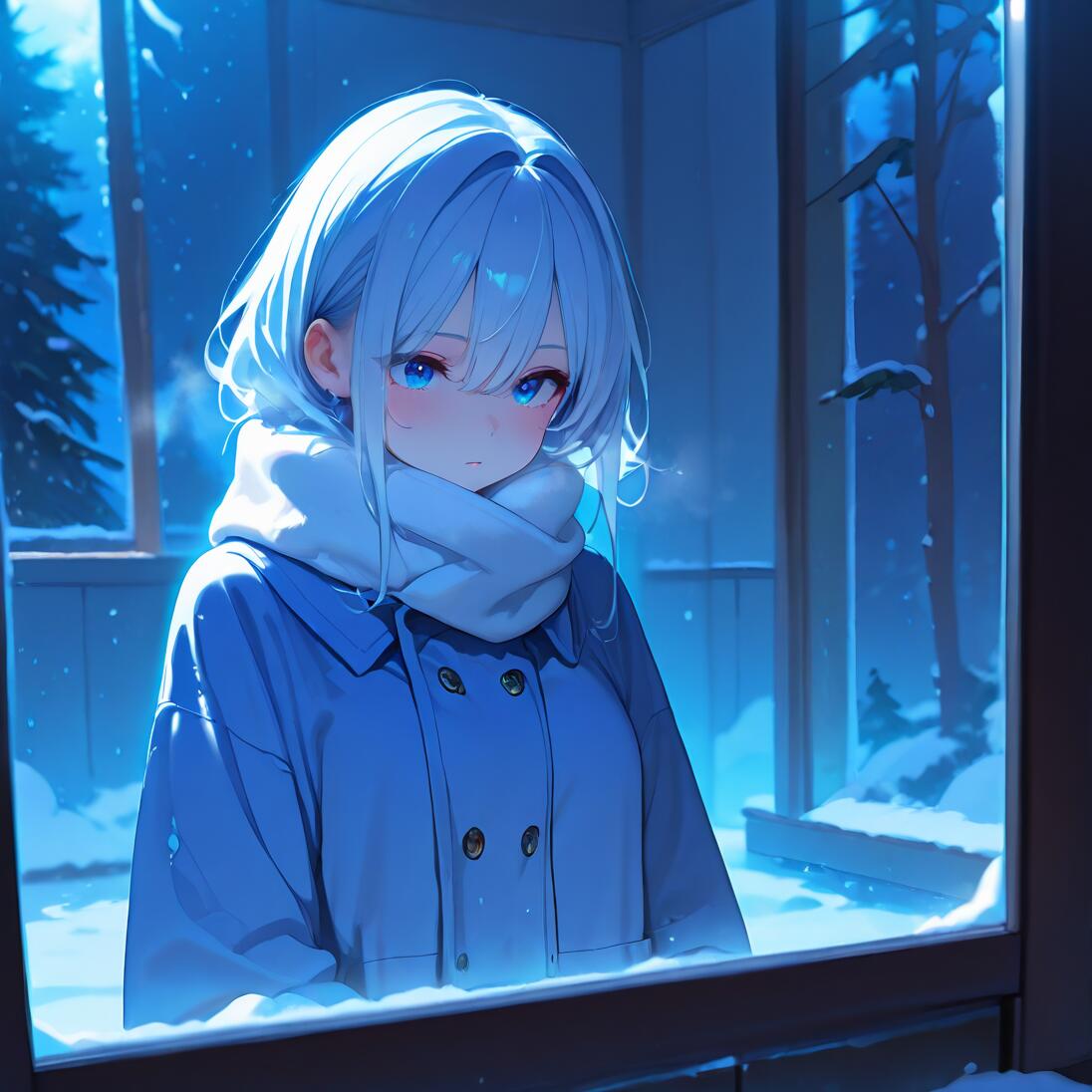 Una ragazza anime con i capelli di un azzurro chiaro e una sciarpa bianca guarda fuori da una finestra, ammirando un paesaggio notturno innevato. Indossa un cappotto blu e l’intera immagine è immersa in una luce fredda e bluastra.