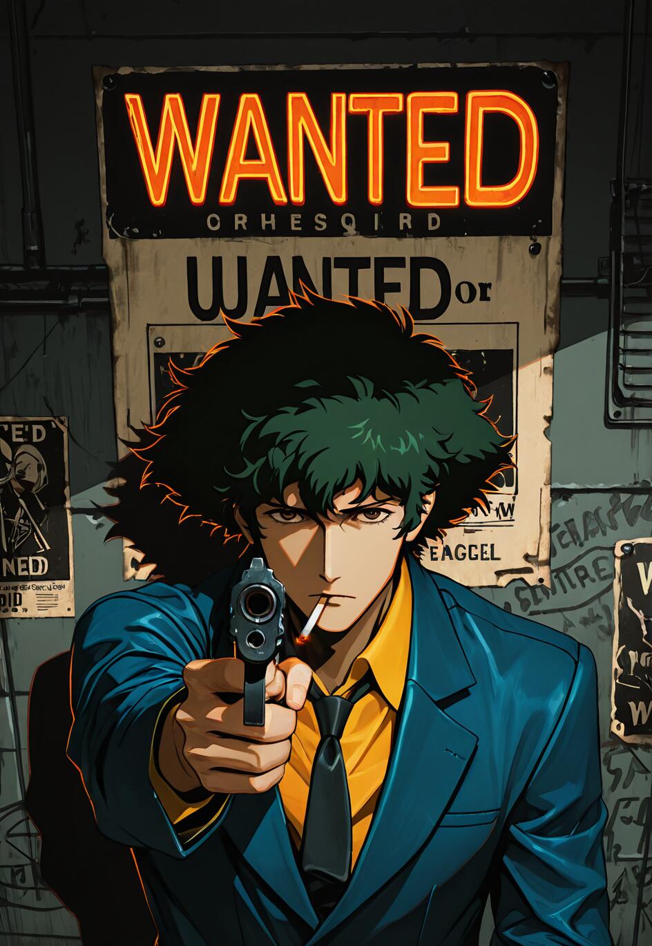 Illustrazione in stile anime di Spike Spiegel, protagonista di Cowboy Bebop, che punta una pistola verso la telecamera. Ha capelli scuri e disordinati, una sigaretta in bocca ed è vestito con un abito blu. Dietro di lui si vede un muro con un grande cartello al neon con la scritta «RICERCATO».