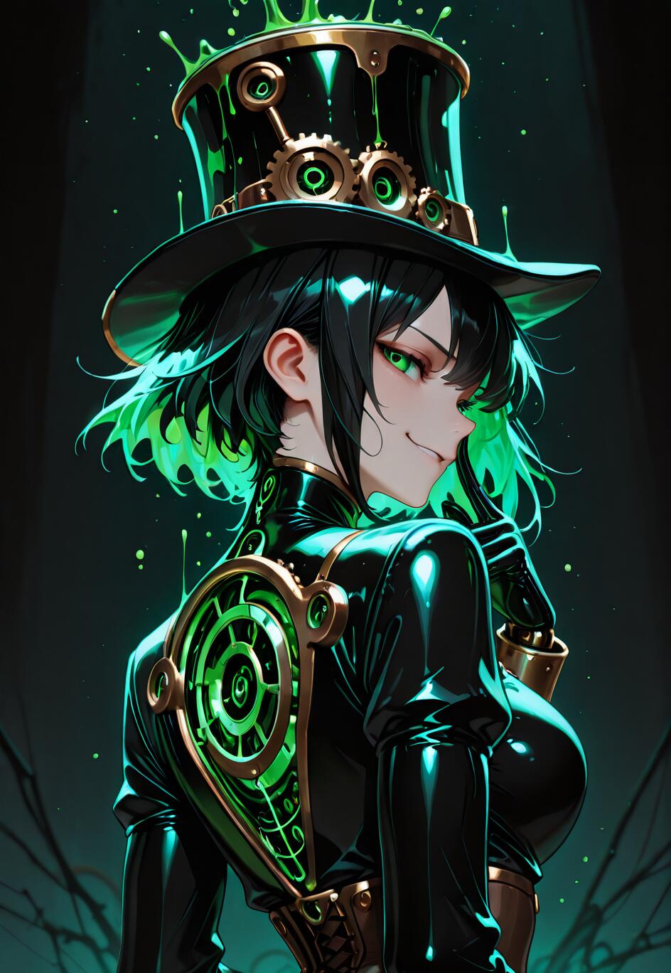 Una figura in stile anime, con capelli corti, neri e di un verde brillante, si volta di spalle con un sorriso sardonico. Indossa un abito steampunk nero e un cappello a cilindro da cui cola una sostanza verde fluorescente.