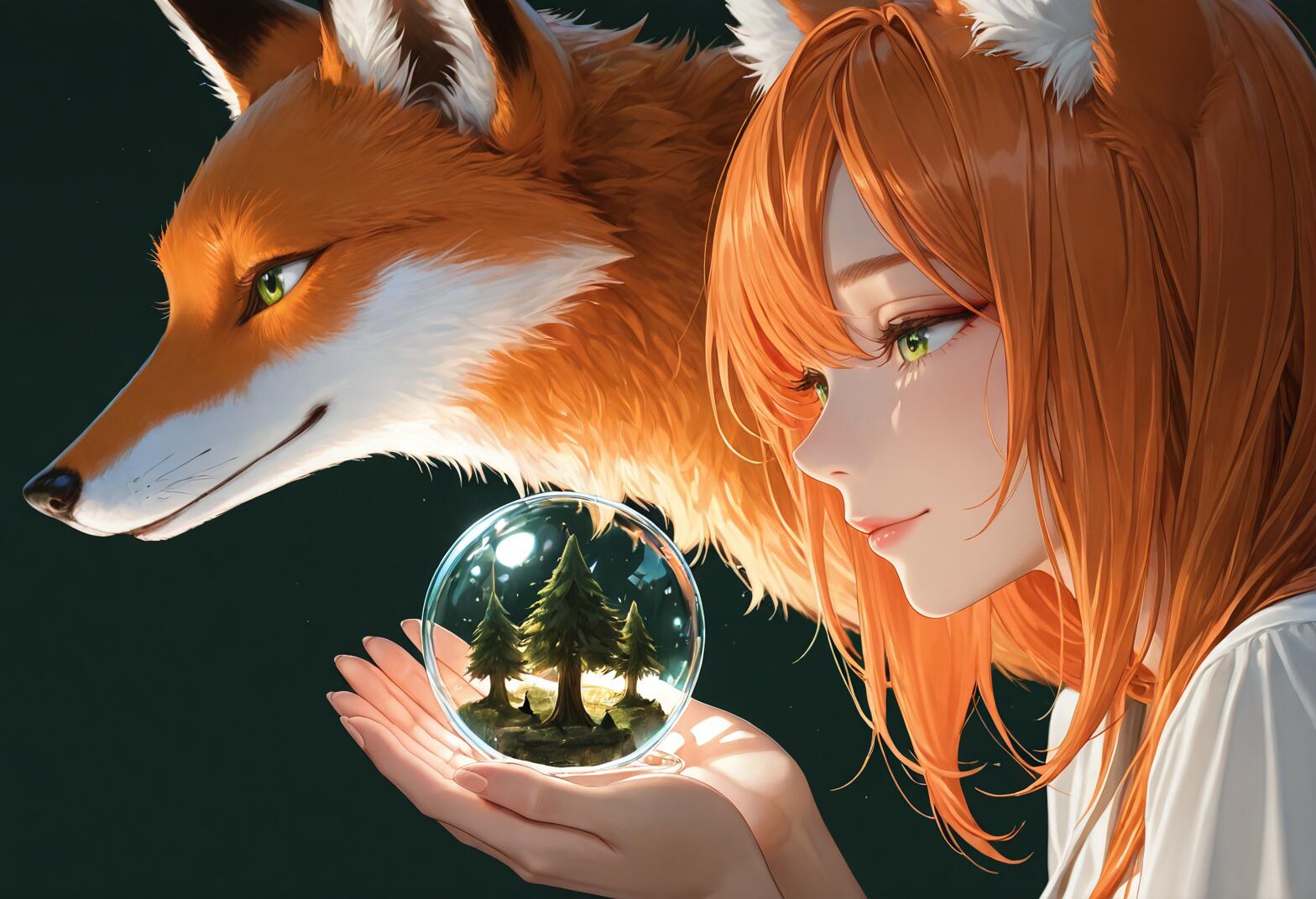 Un’illustrazione in stile anime che raffigura una ragazza-volpe con capelli arancioni e occhi verdi, che tiene in mano una sfera di vetro contenente una foresta in miniatura, ed è accompagnata da una grande volpe.