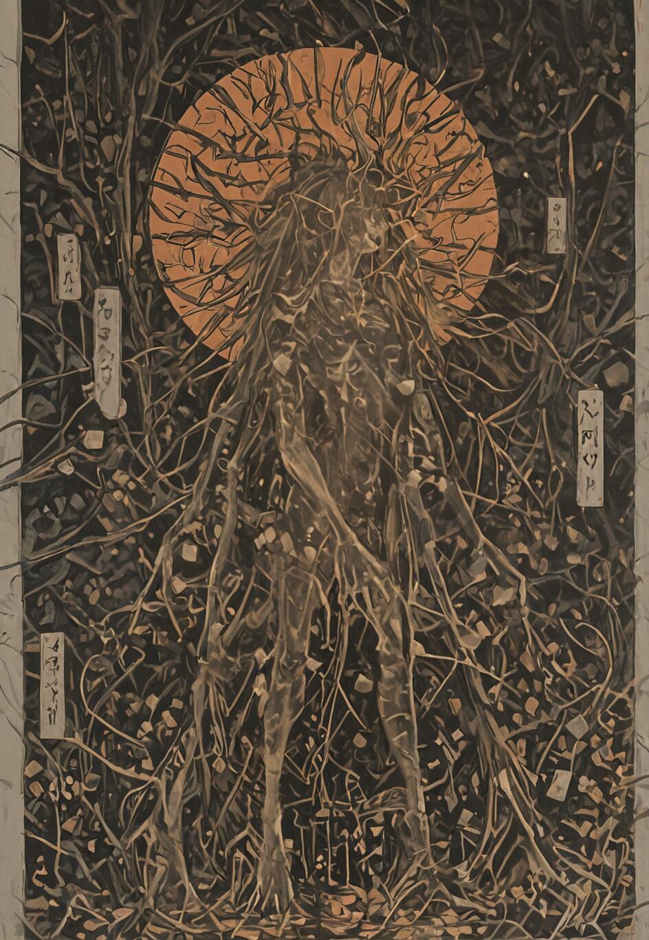 Un’opera d’arte in stile ukiyo-e che raffigura uno spirito etereo, composto da intricate radici e rami di colore marrone scuro. La figura si erge in una foresta caotica, di fronte a un grande sole arancione e compatto che funge da aureola.