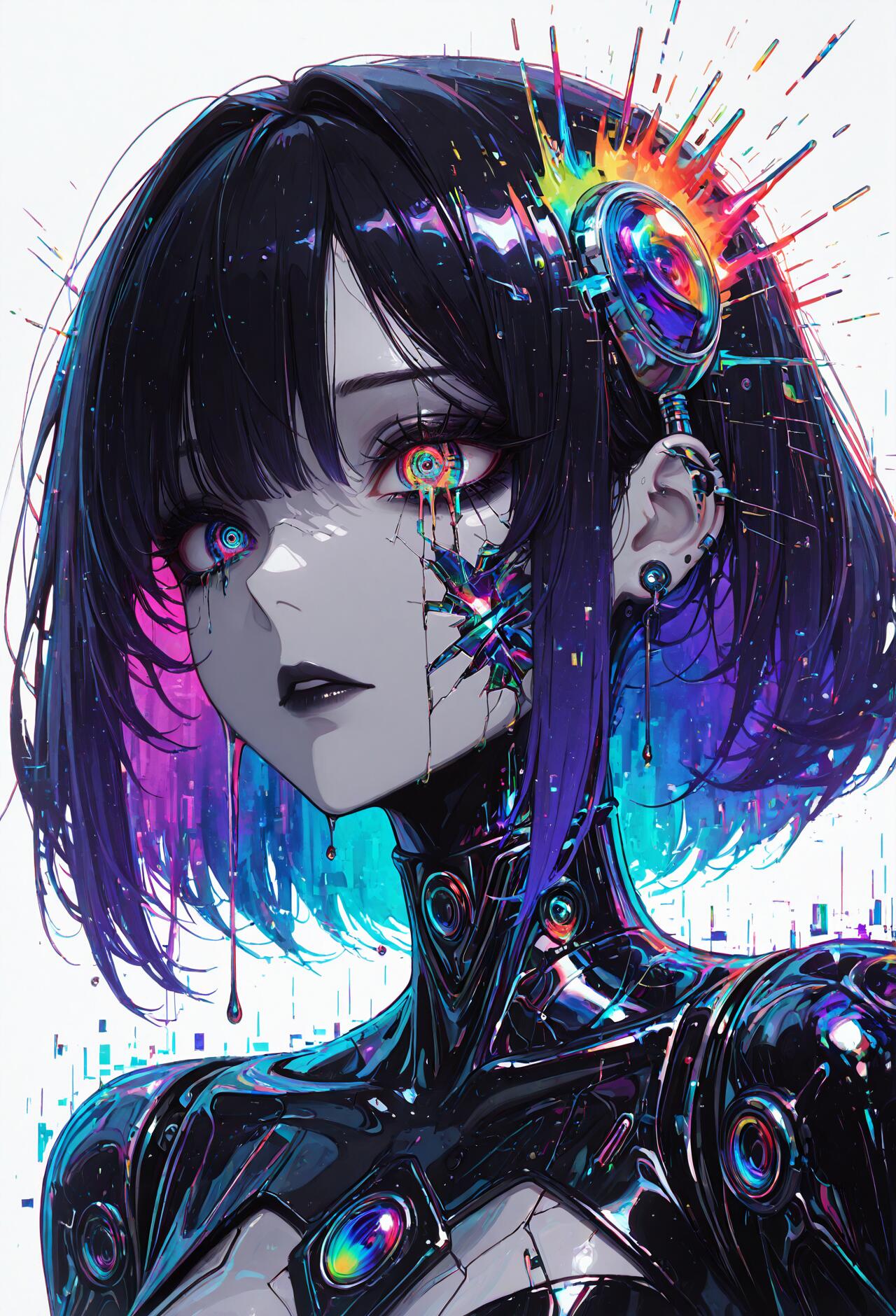 Un ritratto ravvicinato di una ragazza-androide in stile anime, con capelli corti neri e viola. Ha occhi luminosi e multicolori con lacrime nere, un effetto glitch colorato sulla guancia, indossa una tuta cibernetica nera e un vivace auricolare, il tutto su uno sfondo bianco.