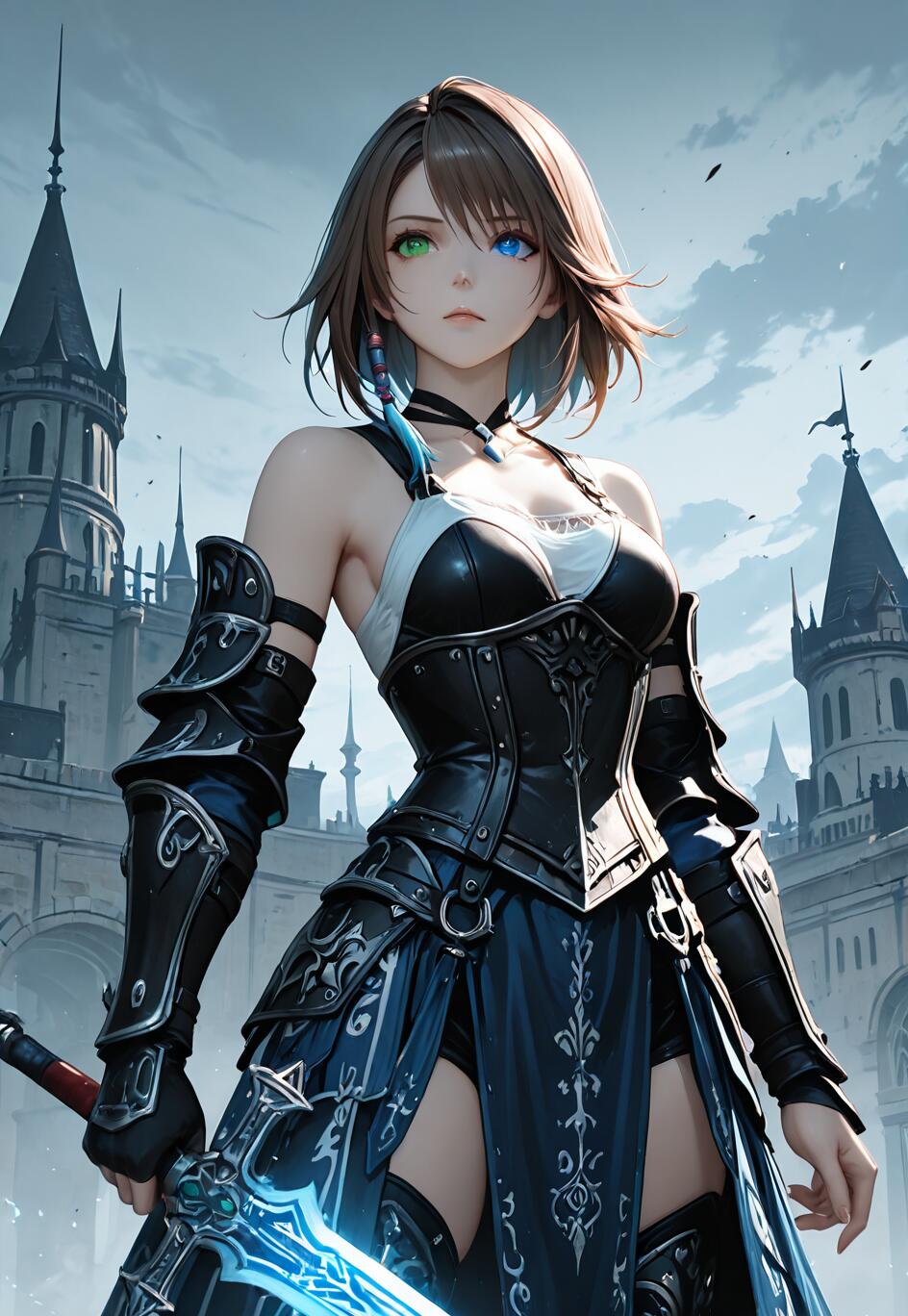 Un’illustrazione in stile anime di Yuna, tratta da Final Fantasy X, raffigurata con l’abito di un cavaliere. Ha i capelli corti e castani, un occhio verde e un occhio blu, e tiene in mano una spada blu luminosa di fronte a un grande castello in stile gotico.