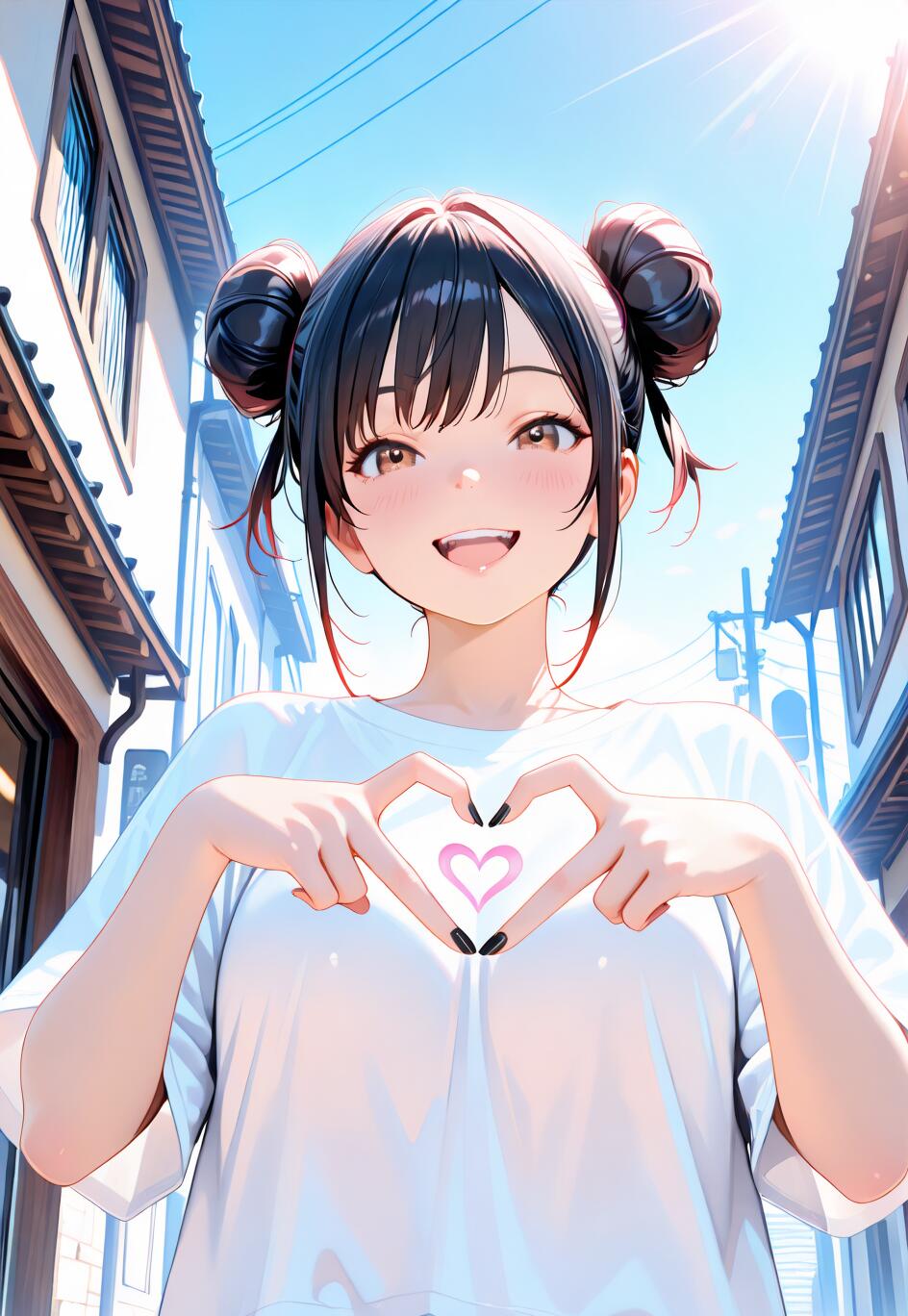 Una ragazza anime con i capelli neri raccolti in due chignon sorride felicemente mentre forma un cuore con le mani, in una giornata di sole in città.