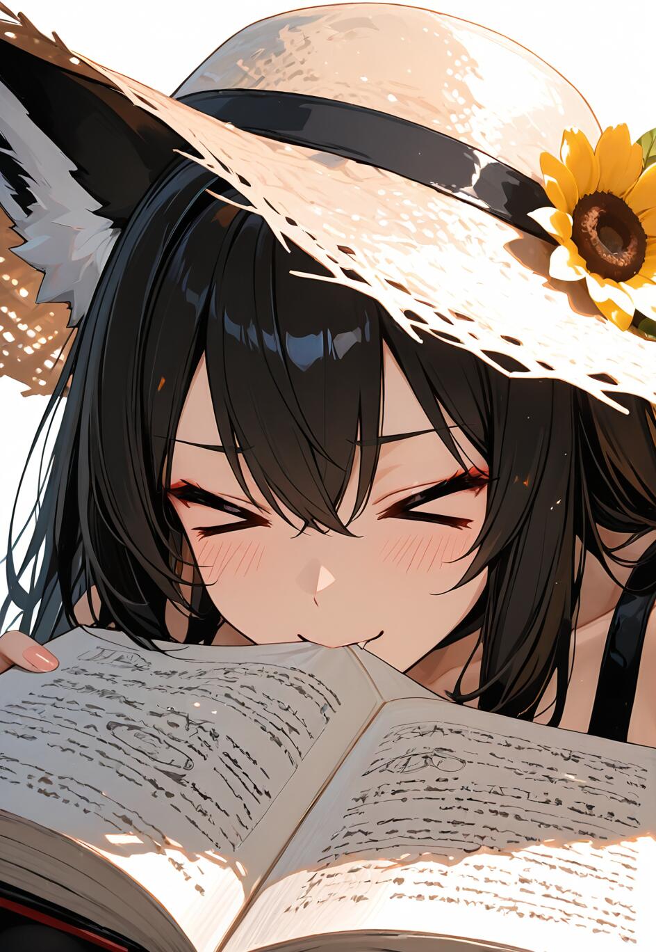 Una ragazza-volpe in stile anime, con capelli neri e un cappello di paglia, sorride a occhi chiusi, mordicchiando in modo giocoso l’angolo superiore di un libro aperto che tiene in mano.