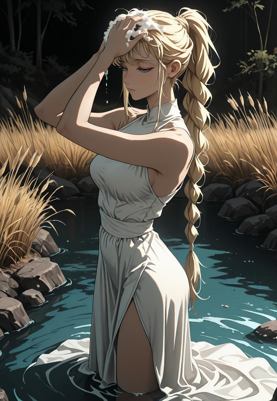 Un’illustrazione in stile anime che raffigura una giovane donna con una lunga treccia bionda, in piedi in un fiume di notte, mentre si lava i capelli con l’acqua e indossa un lungo abito bianco.
