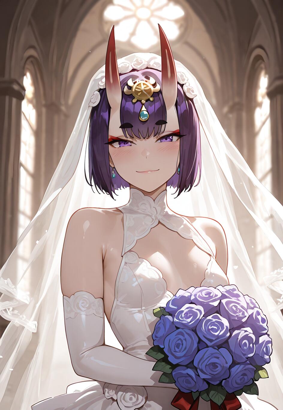 Shuten Douji, personaggio di Fate/Grand Order, è rappresentato come una sposa, sorridente, in un abito da sposa bianco e con un velo, all’interno di una chiesa, mentre tiene in mano un bouquet di rose blu.