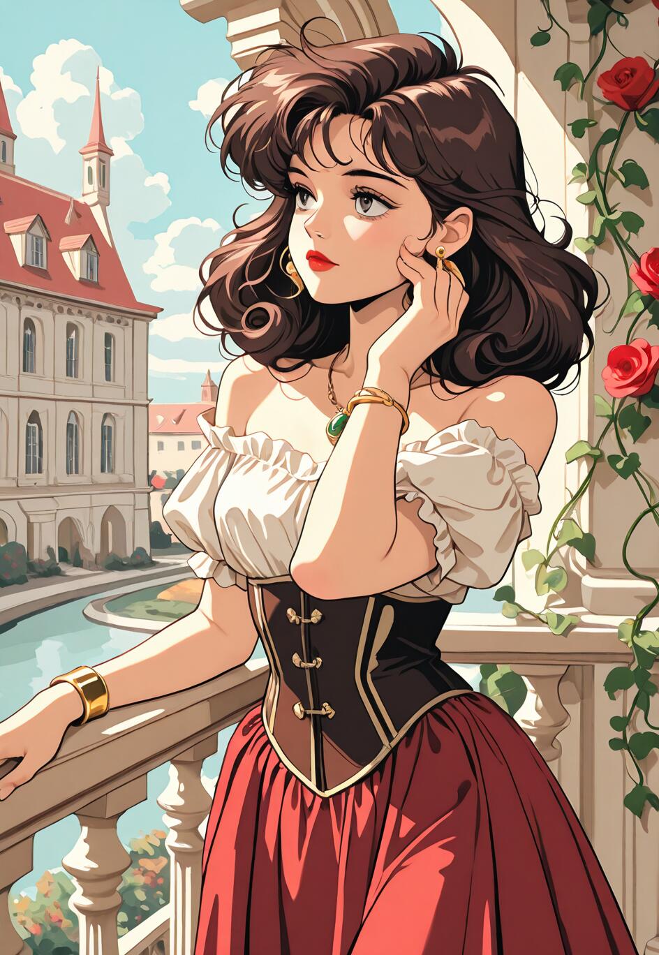 Un’illustrazione in stile anime che raffigura una giovane donna con capelli scuri e ricci, vestita con un abito in stile rinascimentale, in piedi su un balcone illuminato dal sole, da cui si può ammirare una città europea con un canale.
