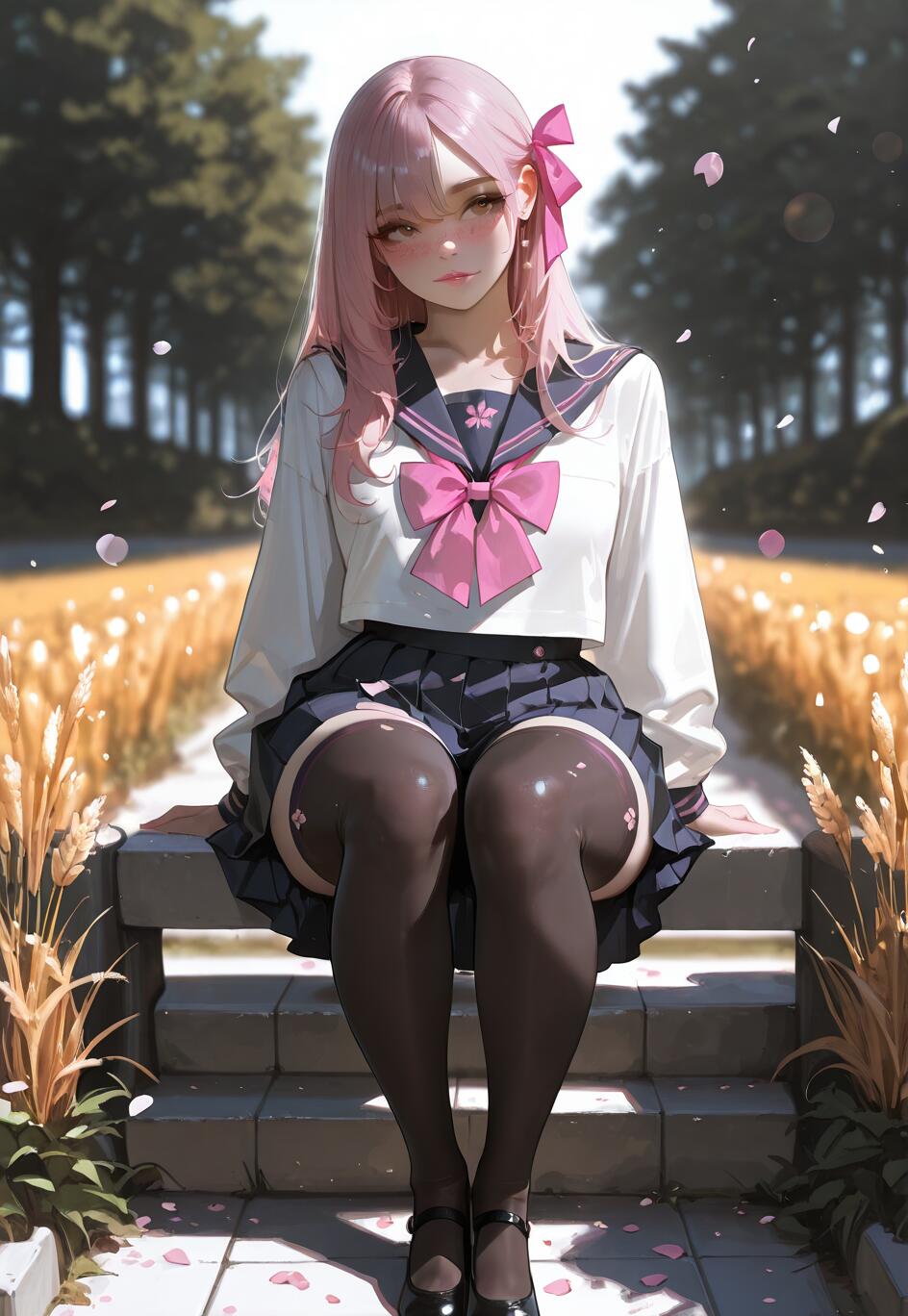 Un’illustrazione in stile anime che raffigura una ragazza con lunghi capelli rosa seduta su dei gradini di pietra. Indossa un’uniforme scolastica giapponese con una camicetta bianca, una gonna blu, un grande fiocco rosa e calze nere che arrivano fino alla coscia, ed è circondata da piante dorate e petali rosa fluttuanti.
