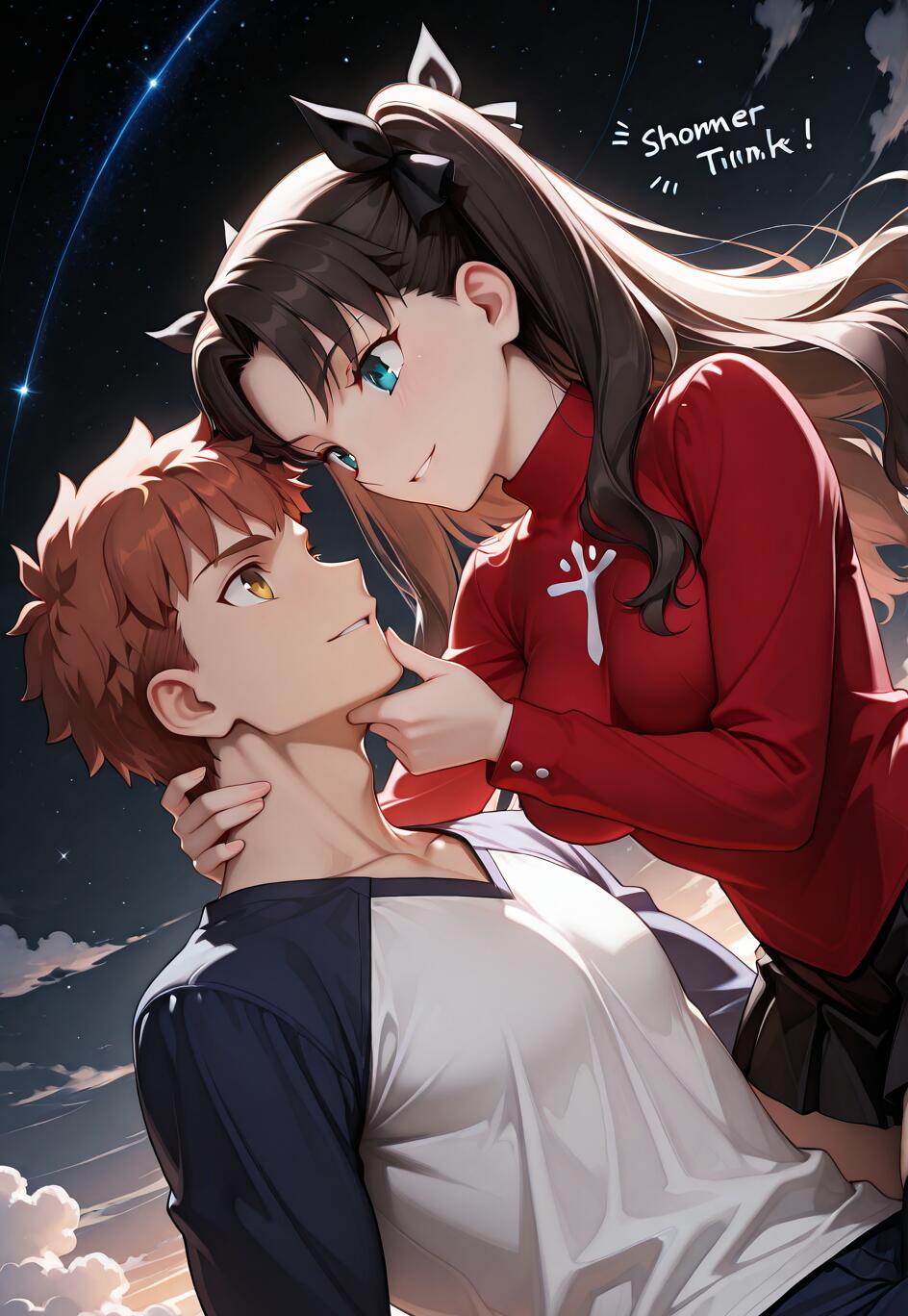 Un’illustrazione in stile anime che raffigura Tohsaka Rin ed Emiya Shirou, personaggi di Fate/stay night, in un momento romantico. Rin, con lunghi capelli scuri e un maglione rosso, guarda Shirou dall’alto e gli tiene il mento. Shirou, con capelli castano-rossicci, la guarda. Lo sfondo è un cielo notturno scuro e stellato, con nuvole.