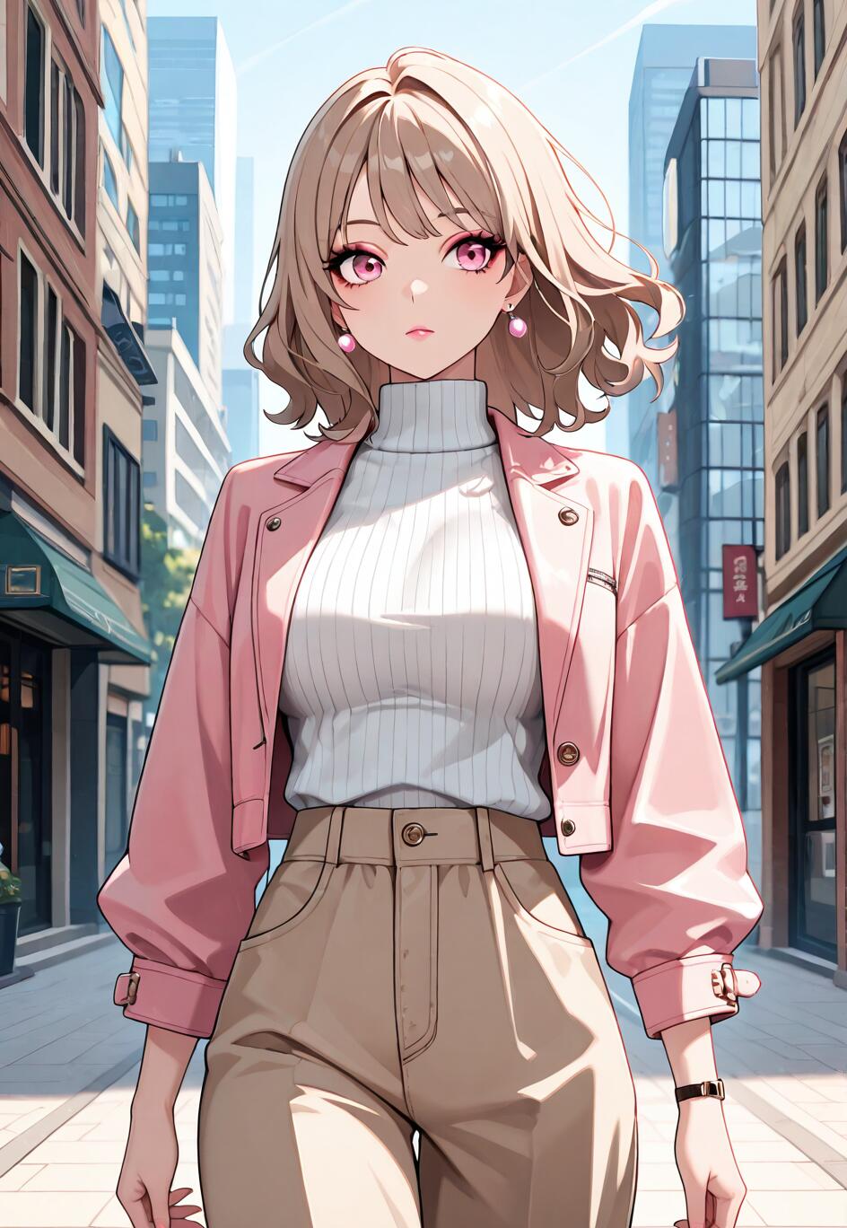 Un’illustrazione in stile anime che raffigura una giovane donna alla moda, con capelli biondi e mossi e occhi rosa, mentre cammina lungo una strada cittadina, indossando una giacca rosa, un maglione a collo alto bianco e pantaloni color beige.