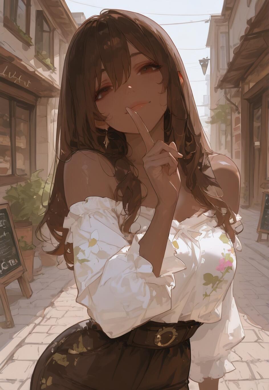 Un’illustrazione in stile anime che raffigura una giovane donna con lunghi capelli castani e pelle scura, in piedi in un vicolo assolato. Indossa un top bianco a fiori con la scollatura scoperta e tiene un dito sulle labbra, sorridendo.