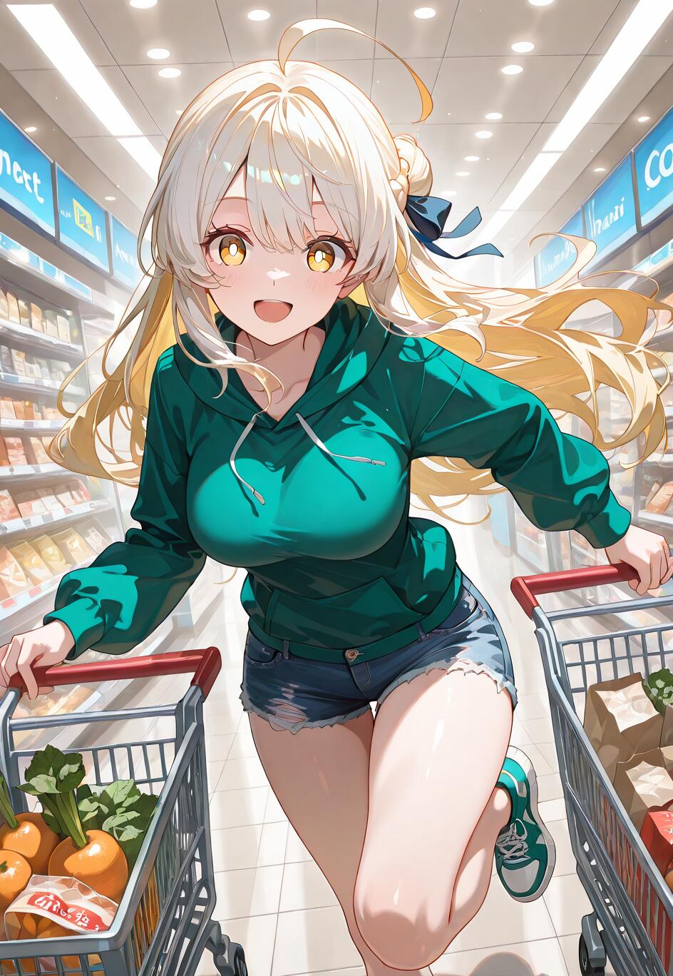 Un’illustrazione in stile anime che raffigura una ragazza bionda e allegra, Artoria Pendragon (Saber), con una felpa verde e pantaloncini di jeans, che corre energicamente lungo un corridoio di un supermercato spingendo due carrelli pieni di generi alimentari.
