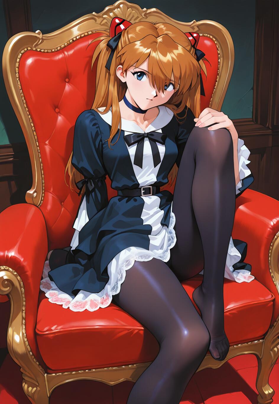 Asuka Langley Soryu, tratta da Neon Genesis Evangelion, è ritratta con i suoi caratteristici capelli arancioni raccolti in due codini, seduta su una sontuosa poltrona rossa e dorata. Indossa un abito in stile Gothic Lolita, bianco e nero, con calze nere e senza scarpe, e guarda direttamente l’obiettivo.