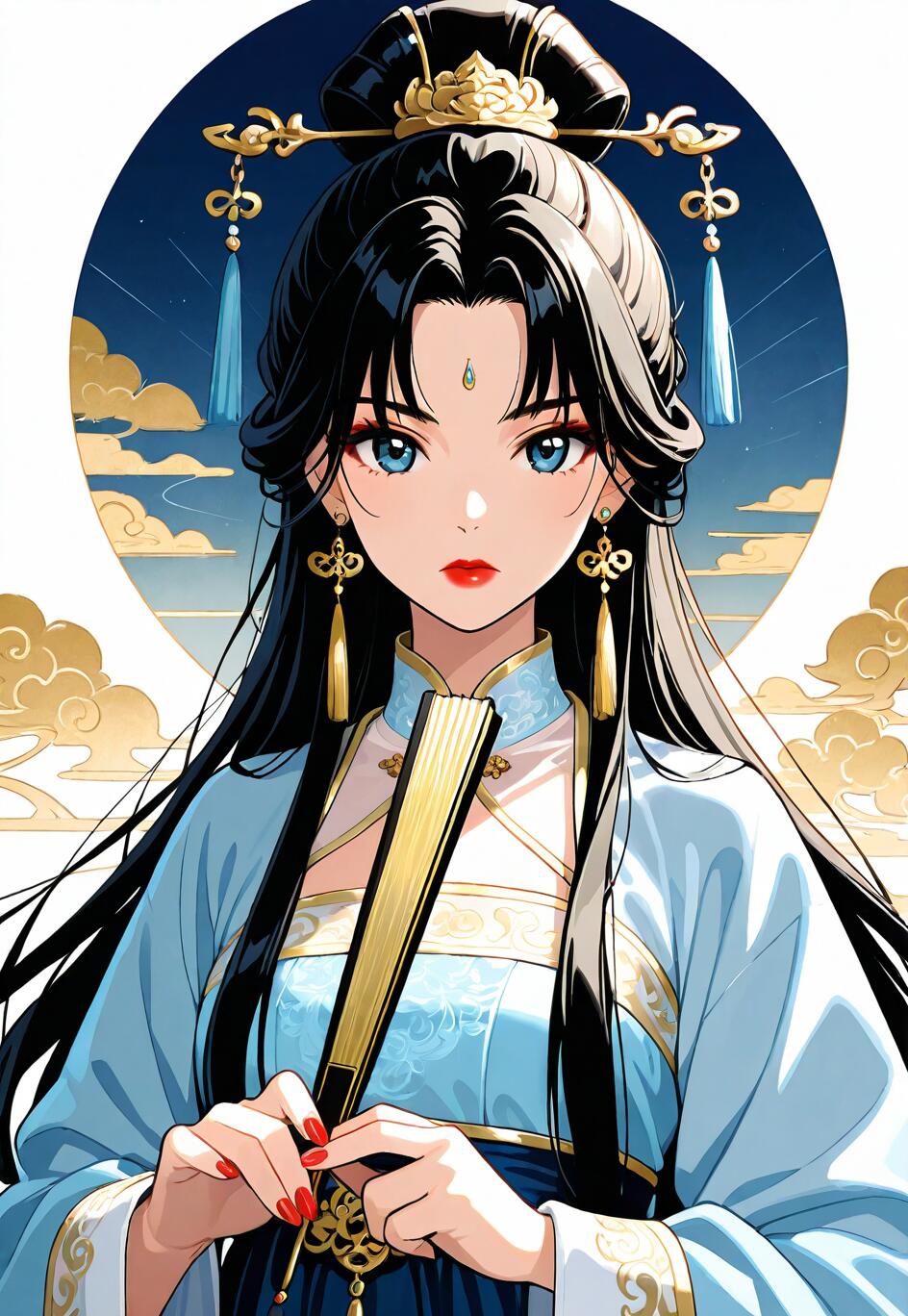 Un’illustrazione in stile anime che raffigura una bellissima giovane donna con lunghi capelli neri e occhi azzurri, vestita con un tradizionale abito cinese hanfu blu e dorato. Tiene in mano un ventaglio dorato ed è in piedi di fronte a uno sfondo circolare che rappresenta un cielo notturno stellato con nuvole dorate.