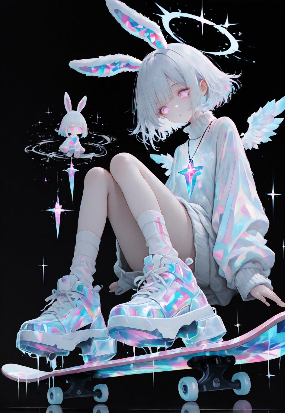 Un’illustrazione che raffigura una ragazza in stile anime a figura intera, con capelli bianchi, orecchie da coniglio e piccole ali angeliche, seduta su uno skateboard iridescente che emana luce, su uno sfondo nero uniforme.
