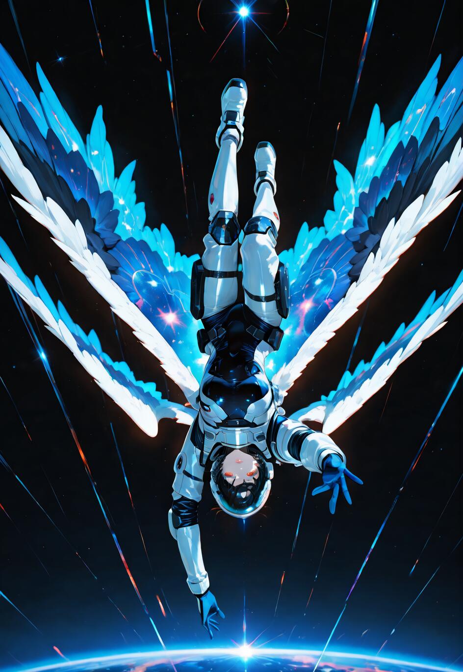 Fujimaru Ritsuka, personaggio di Fate/Grand Order, è raffigurato come un astronauta con grandi ali blu e bianche, che fluttua a testa in giù nello spazio sopra un pianeta e sembra tendere la mano verso l’osservatore.