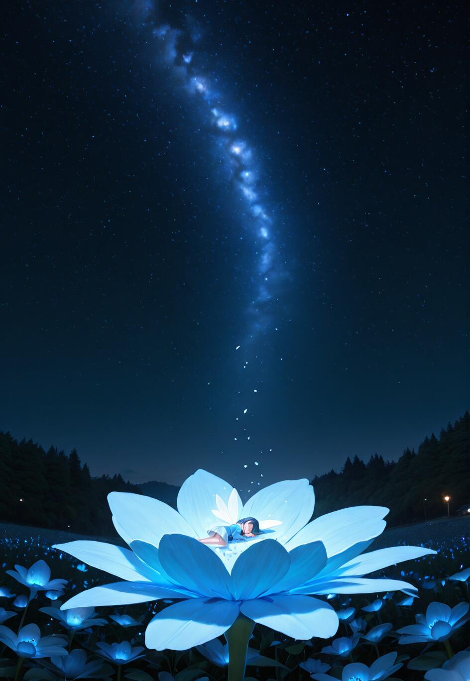 Una bambina con i capelli scuri dorme profondamente al centro di un enorme fiore blu luminoso, sotto un cielo notturno vivido e stellato, con una fascia della Via Lattea che sembra scendere verso di lei.
