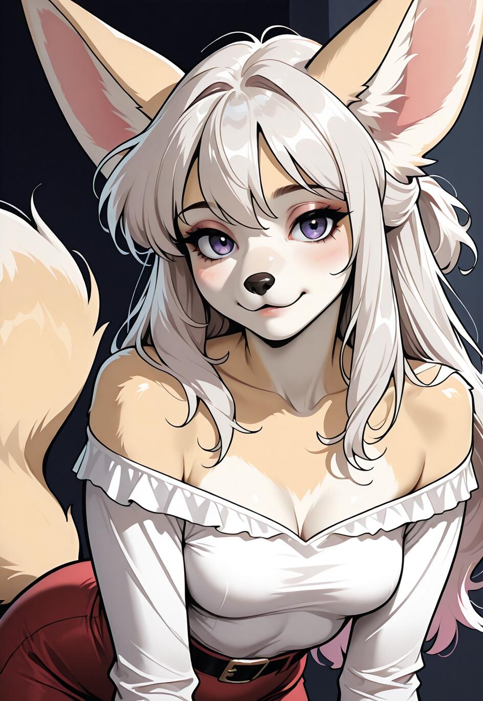 Un’illustrazione in stile anime che raffigura un personaggio femminile, una volpe fennec, con lunghi capelli argentati e occhi viola, che indossa un top bianco a spalle scoperte e una gonna rossa.