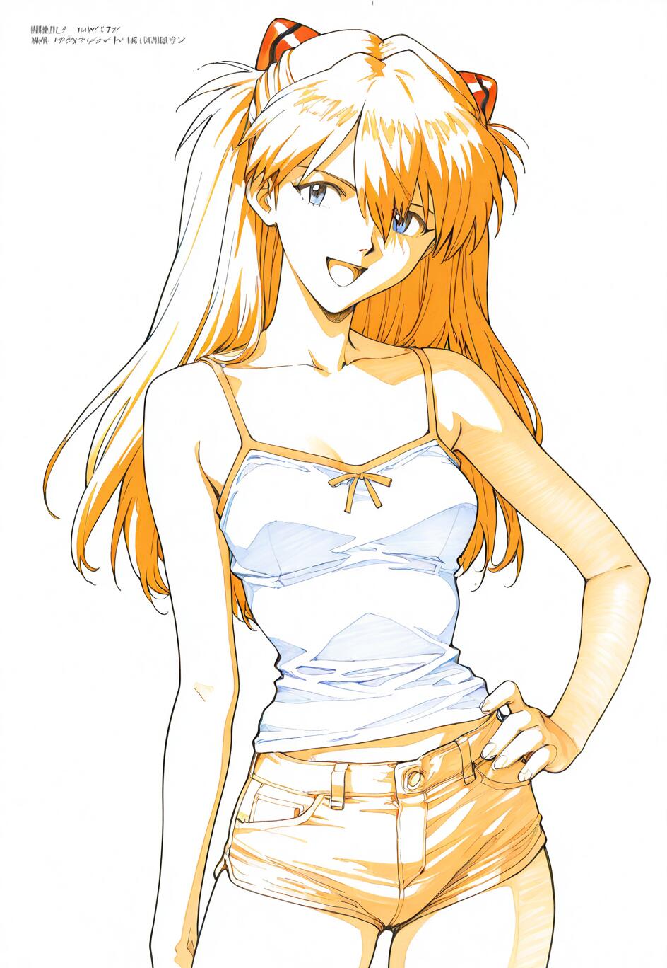Un’illustrazione in stile lineare che raffigura Asuka Langley Soryu, personaggio di Neon Genesis Evangelion, mentre sorride con sicurezza, con una mano appoggiata sui fianchi. Ha i capelli arancioni raccolti in due codini e indossa una canottiera bianca e pantaloncini corti, su uno sfondo bianco uniforme.